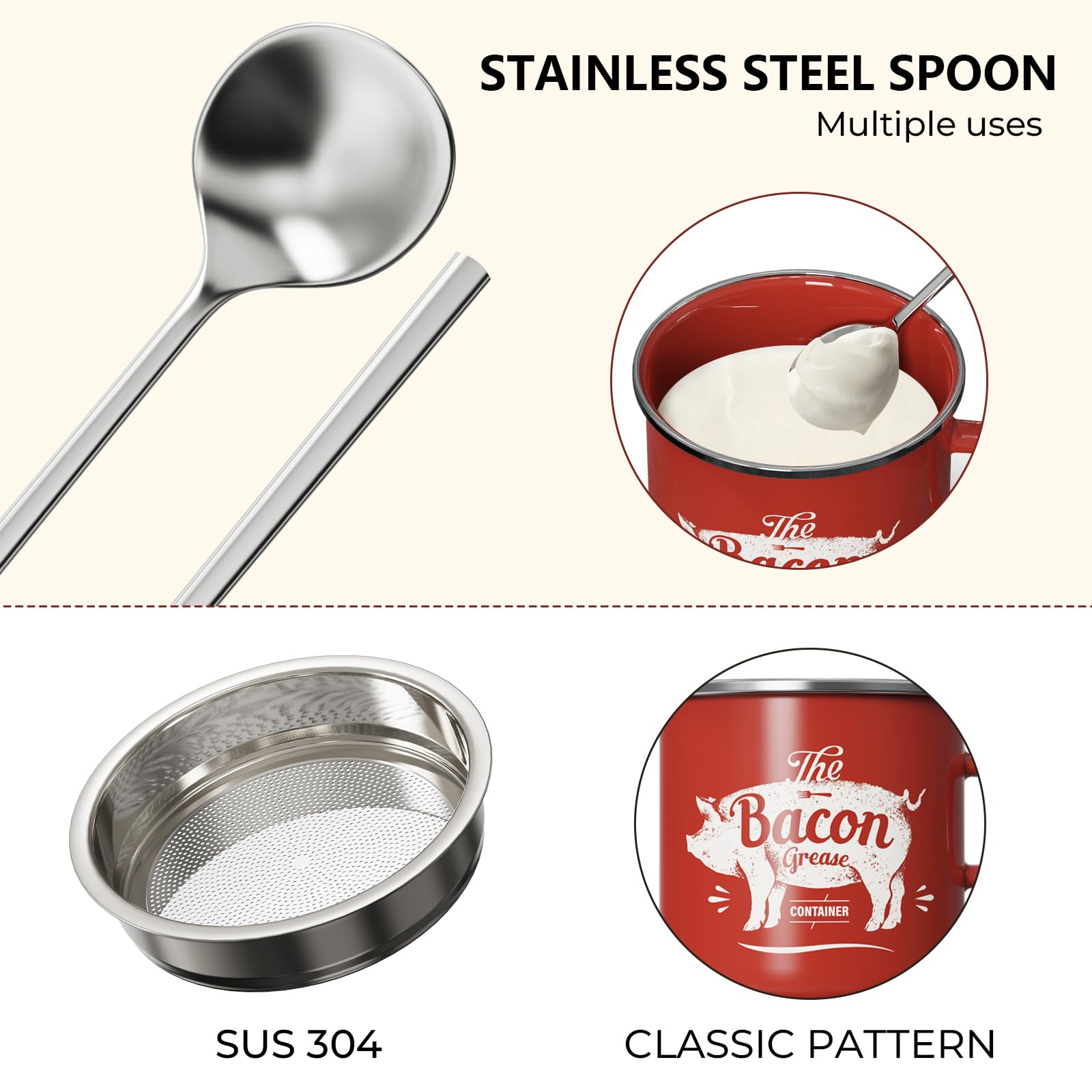 PGYARD Mini Bacon Grease Container With Strainer - 15OZ Enamel Grease Saver, Farmhouse Bacon Grease Keeper For Kitchen Fat Storage, Dishwasher Safe-Red