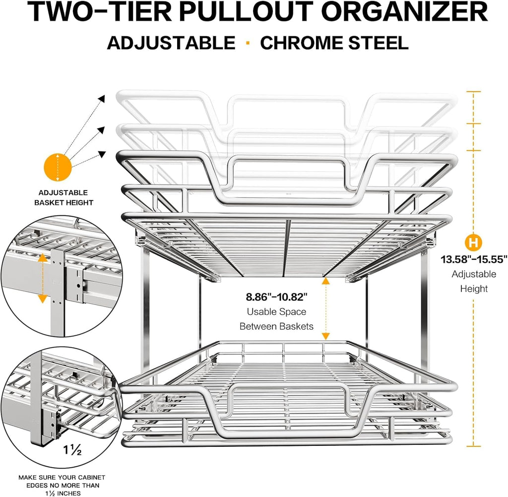 2-Tier Kitchen Cabinet,Pull Out Cabinet Organizer,Shelf and Drawer Organizer Slide Out Pantry Storaqe Basket in Multiple Sizes (12" W x21 D)