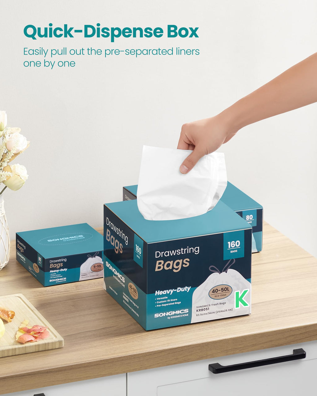 SONGMICS Trash Bags for 8-Gallon (30 L) Trash Cans, Drawstring Kitchen Garbage Bags, Pre-Separated, Liner Code 30A, 2 Rolls, 90 Count, White UKRB30A02