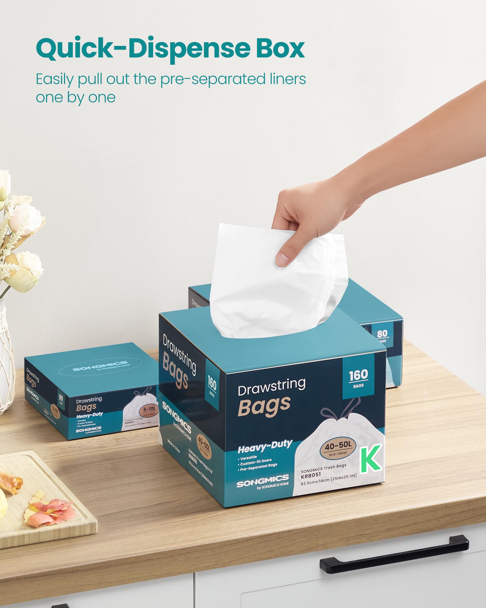SONGMICS Trash Bags for 8-Gallon (30 L) Trash Cans, Drawstring Kitchen Garbage Bags, Pre-Separated, Liner Code 30A, 2 Rolls, 90 Count, White UKRB30A02