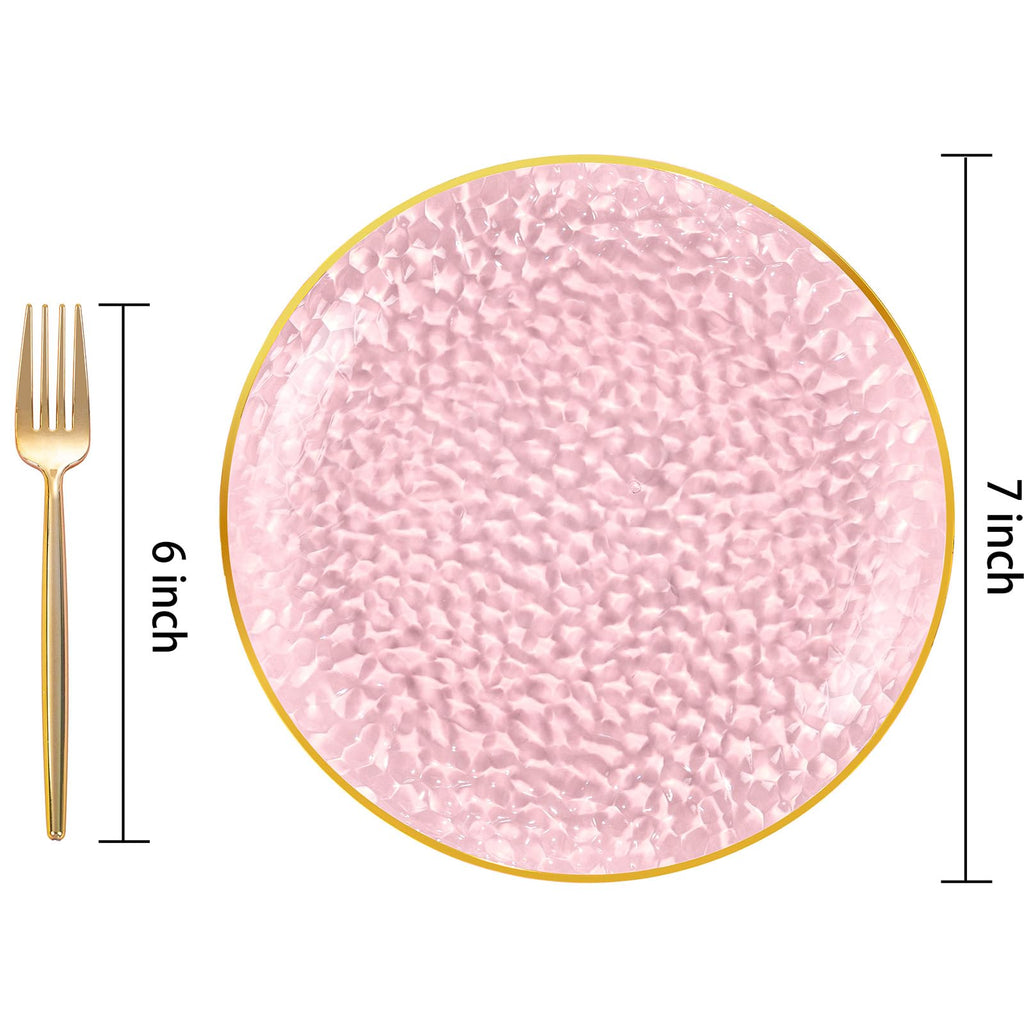 DaYammi 240Pcs Gold Plastic Plates Including 120Pcs Dessert Plates and 120Pcs Cake Forks,Hammered Party Plate,Clear Gold Appetizer plates Heavy duty Disposable Plastic Plate for Party Wedding Birthday