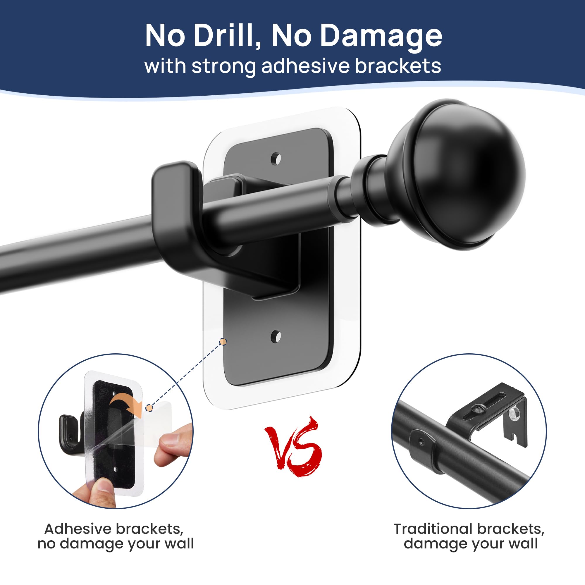 ENJOYBASICS No Drill Curtain Rods for Window 28 to 47 Inches, 5/8 Inch Diameter Renter Friendly Drapery Rod with Adhesive Brackets without Drilling, Adjustable from 27 to 52 Inches, Black