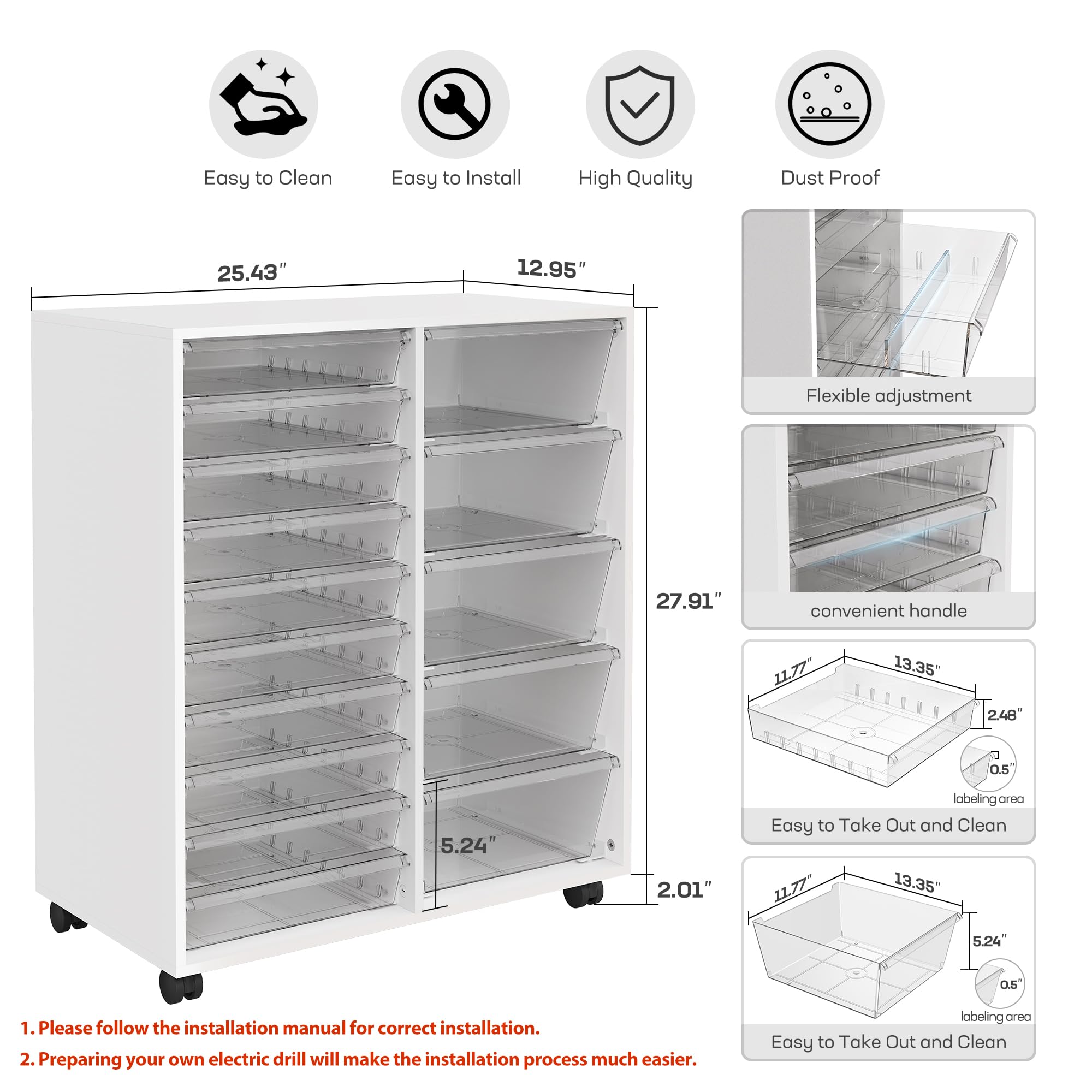 WOPITUES Storage Drawer Cart, Mobile Storage Cabinet, Makeup Storage with 10 Large Clear Drawers, Utility Wooden Rolling Cart on Wheels, for Cosmetic, Art Craft, Office Supplies, Toy, White