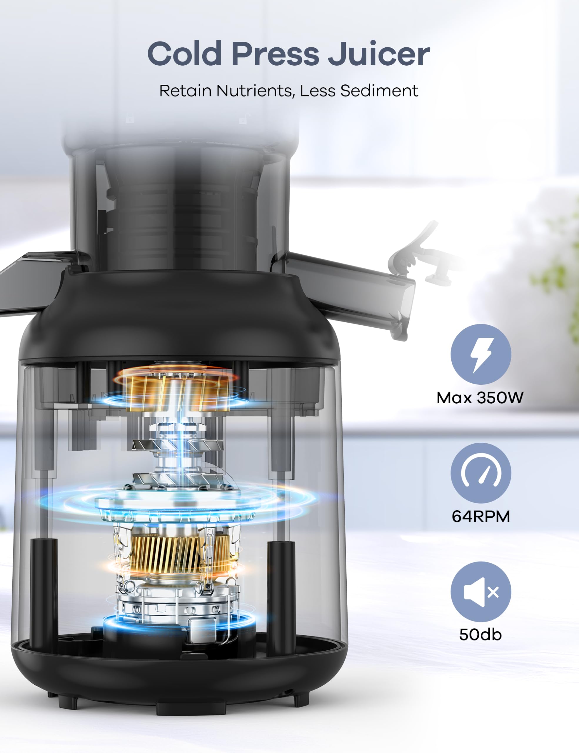 Ganiza Juicer Machines, Slow Masticating Juicers with Large Feed Chute for Whole Fruits & Vegetables, Cold Press Juicer with 3 Replace Filters for Batch Juicing, Easy to Clean, BPA Free(Silver)