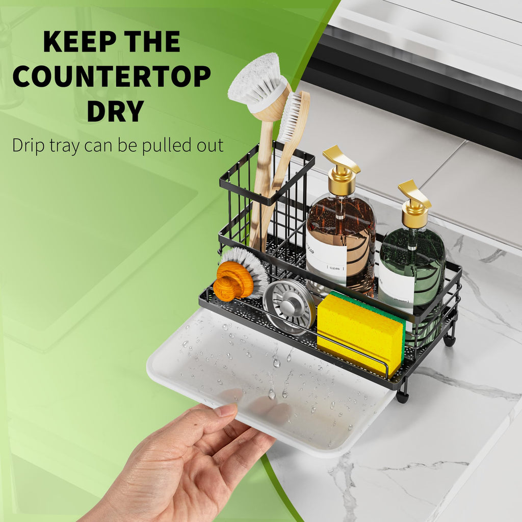 Cisily Large Capacity Kitchen Sink Caddy Organizer, Rustproof Non-Slip Sponge Holder With Dish Brush Holder Organizer, Kitchen Organization and Storage, Essentials Accessories for Countertop