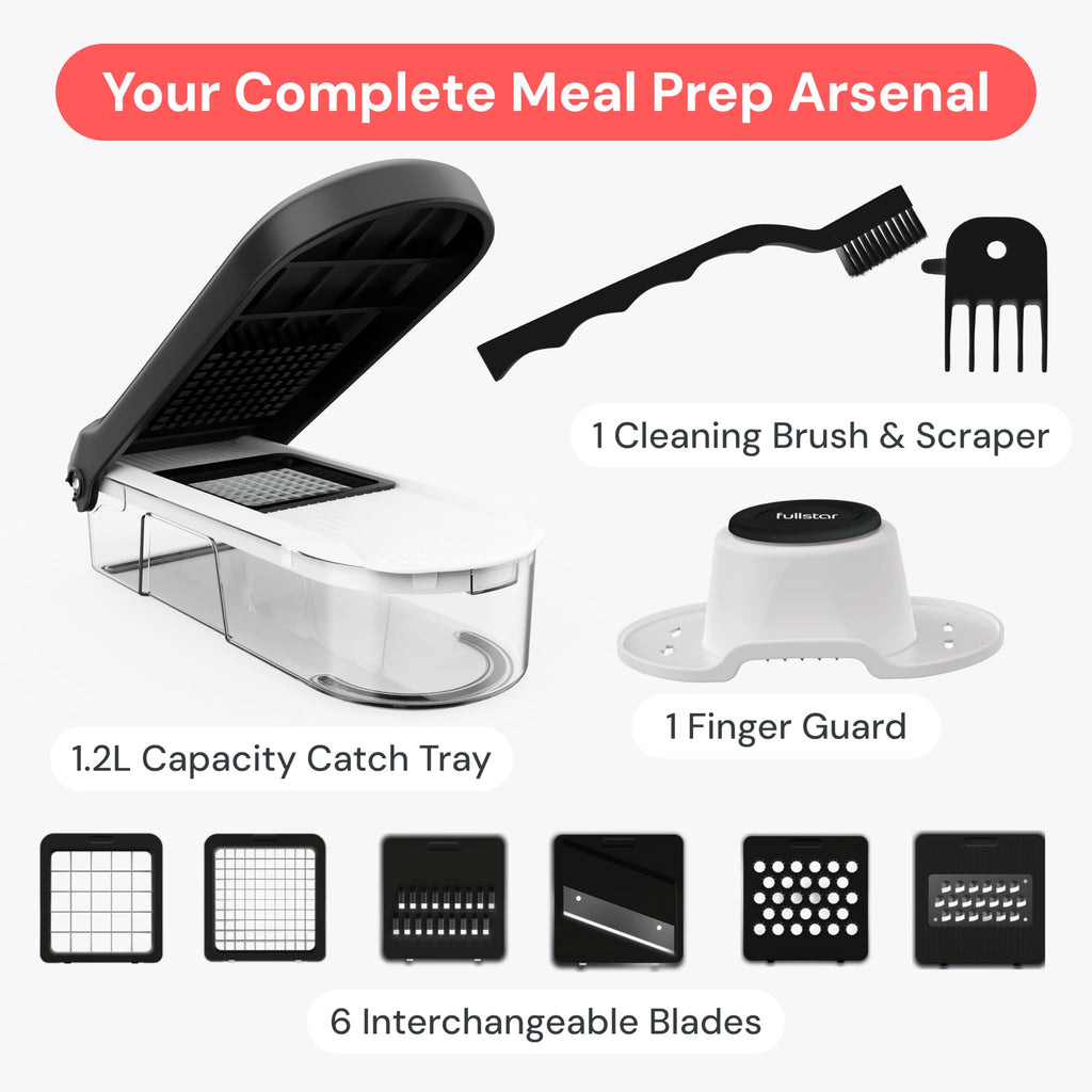 Fullstar Mandoline Slicer for Kitchen - Vegetable Chopper, Onion Potato Food Veggie Fruit Slicer and Cutter with Container, Kitchen Gadgets & Gifts, Home Essentials (6-in-1, White/Black)