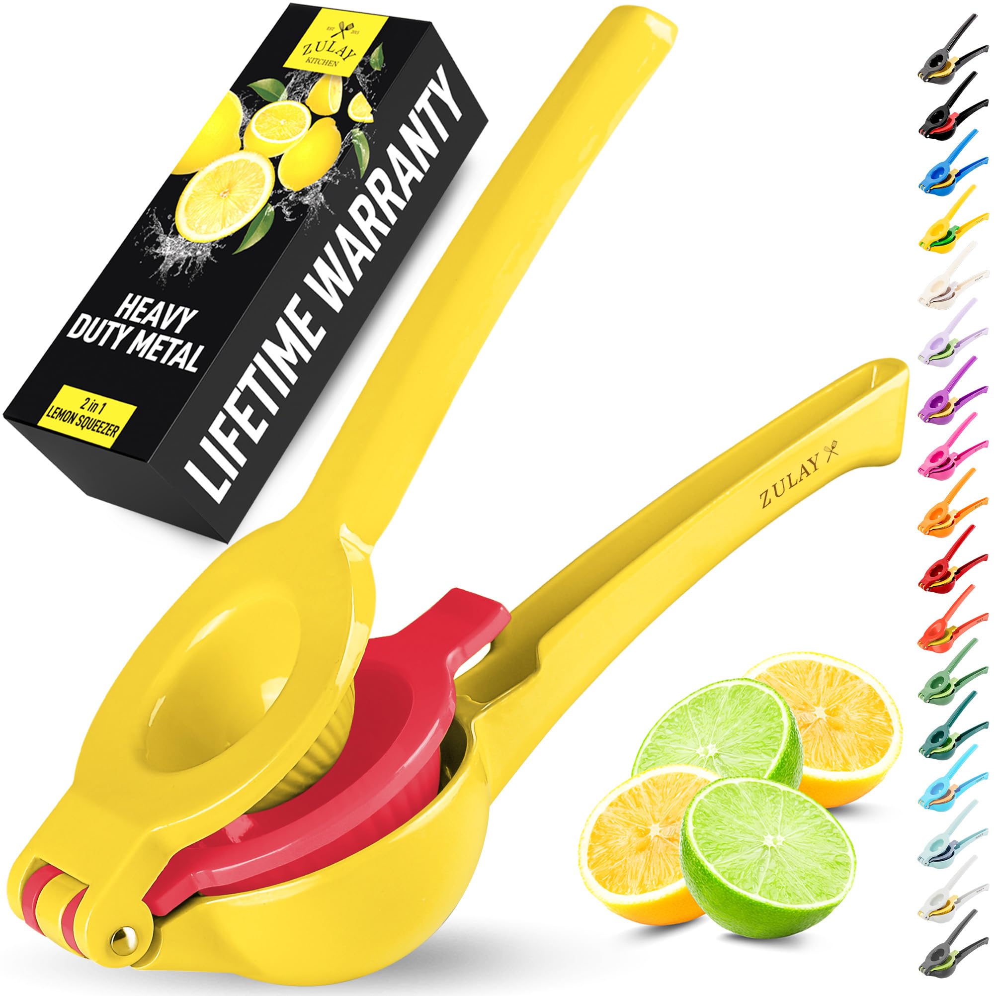 Zulay Kitchen Metal 2-in-1 Lemon Squeezer - Sturdy Max Extraction Hand Juicer Lemon Squeezer Gets Every Last Drop - Easy to Clean Manual Citrus Juicer - Easy-Use Lemon Juicer Squeezer - Yellow/Green
