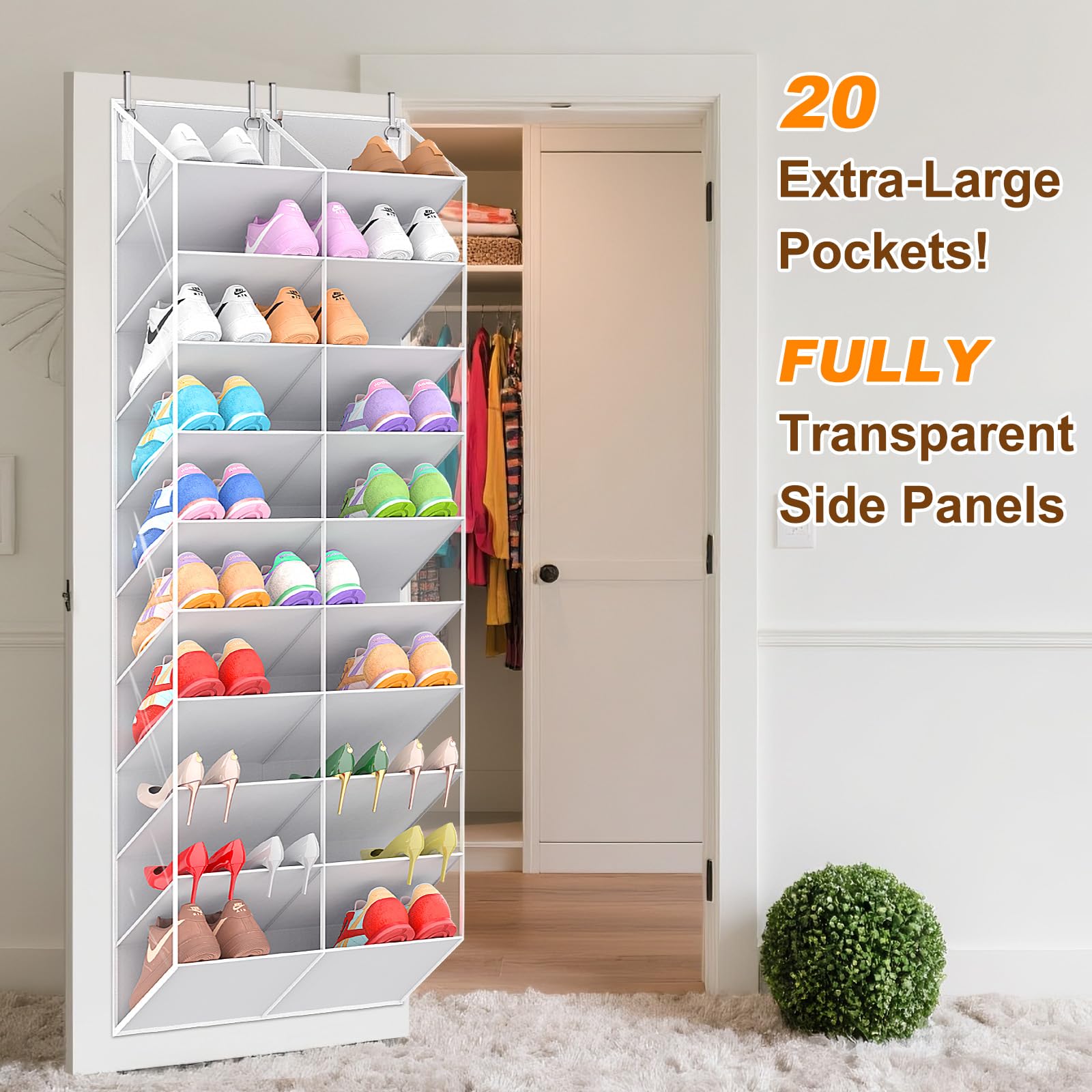 UVIAHOMI 20-30 Pairs Over the Door Shoe Organizer, Clear Pockets Hanging Shoe Storage for Closet, 10-Tier Door Shoes Rack, Handing Shoes Holder Fit All the Family's Sneakers, Boots, Heels, Black