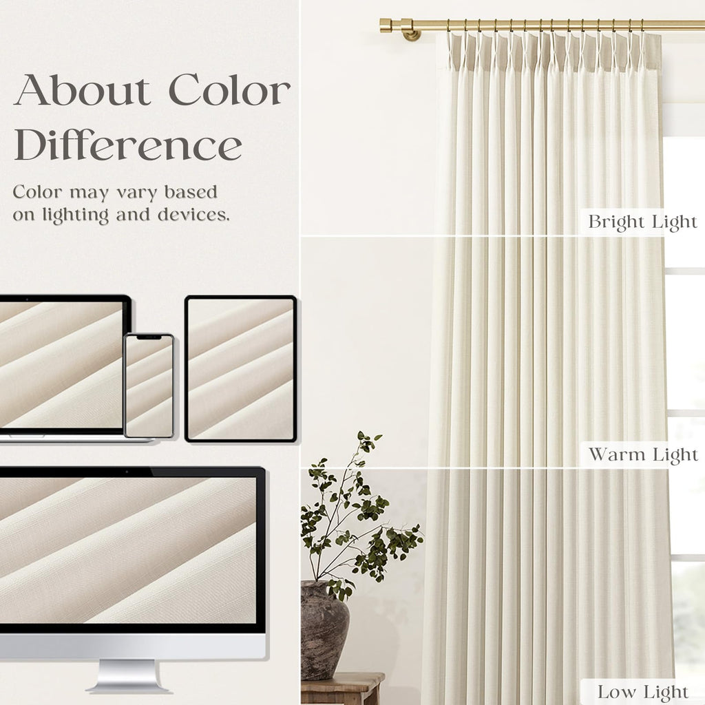 Pinch Pleated Linen Curtains 96 Inches Extra Long Olive Green Drapes, Thick Linen Light Filtering Memory Trained Pleat Curtain for Living Room and Bedroom Privacy 2 Panels Texture with Back Tab