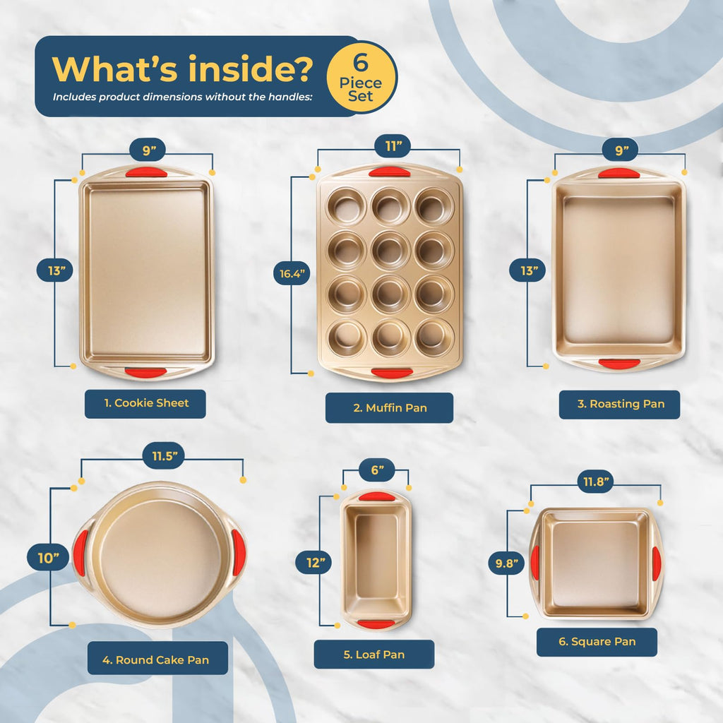 Perlli Baking Kit: Nonstick Gold Steel Oven Set - 10 Pieces, Cookie Sheets, Cake Pans, 9x13Pan with Lid, Loaf & Deep Pans, Pizza Crisper, Muffin Pan - Silicone Handles