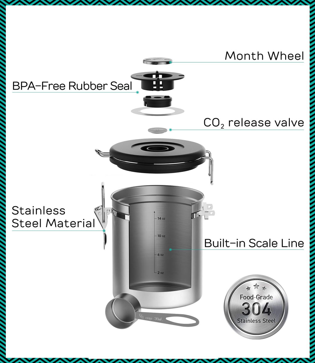 Coffee Gator Stainless Steel Canister - Medium 16oz, Gray Coffee Grounds and Beans Container with Date-Tracker, CO2-Release Valve, and Measuring Scoop - Ideal Coffee Lovers Gifts
