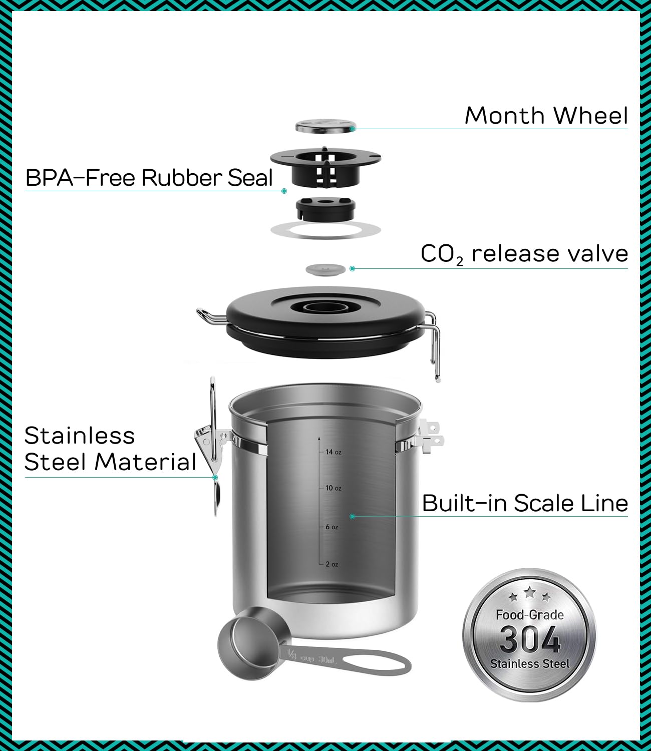 Coffee Gator Stainless Steel Canister - Medium 16oz, Gray Coffee Grounds and Beans Container with Date-Tracker, CO2-Release Valve, and Measuring Scoop - Ideal Coffee Lovers Gifts