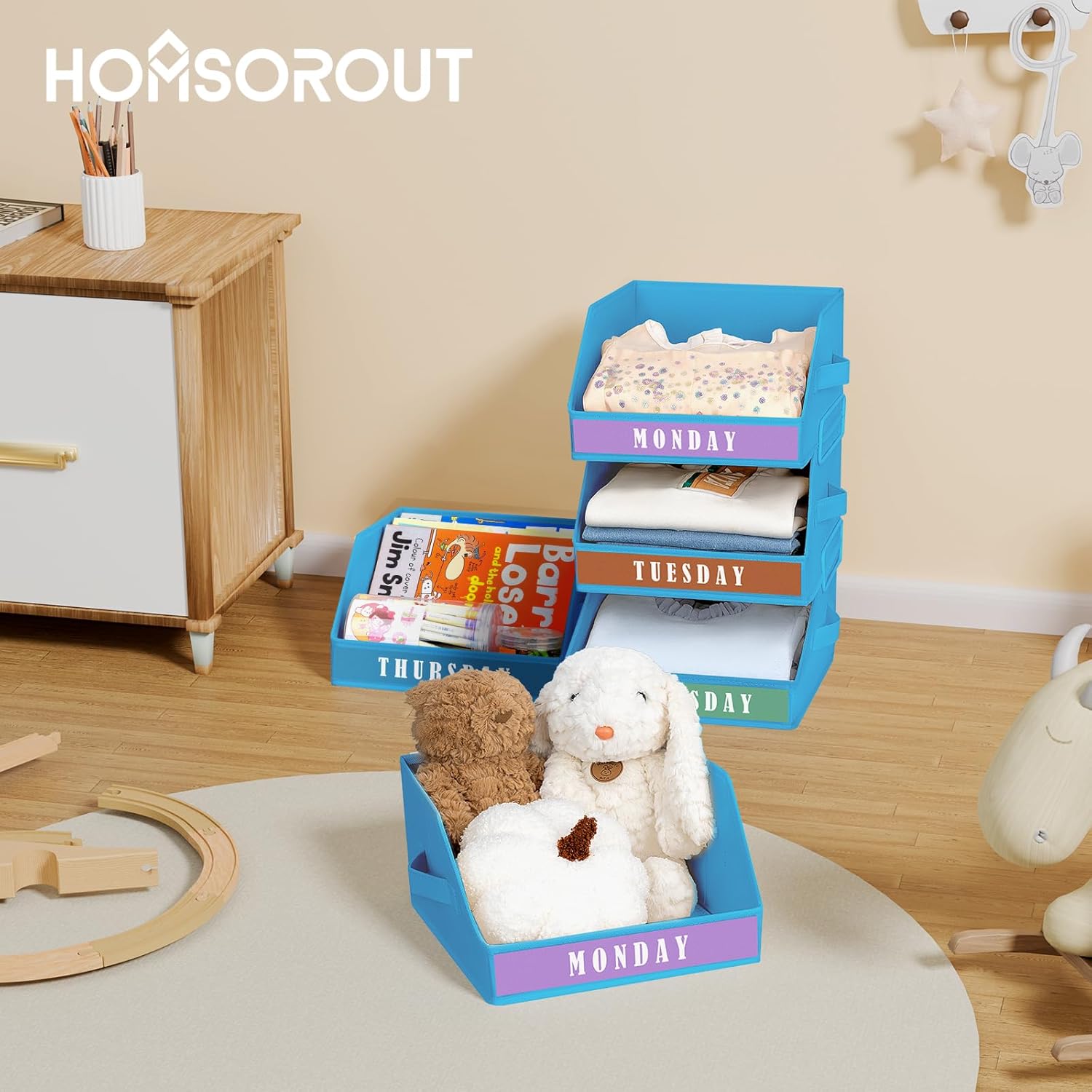 Homsorout Closet Organizers and Storage - 5 Tier Shelf Organizer with Weekly Labels, Stackable Storage Bins with Metal Frame, Pink & Grey