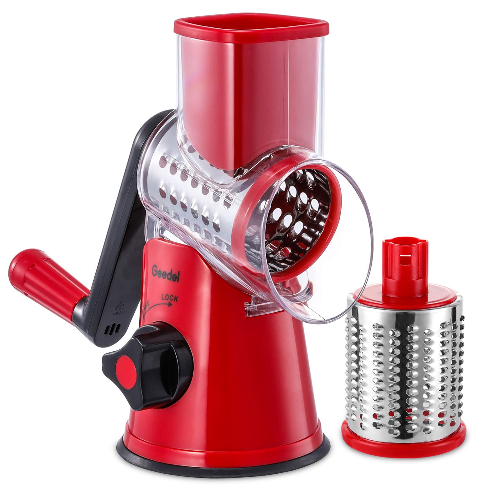 Geedel Rotary Cheese Grater, Kitchen Mandoline Vegetable Slicer with 3 Interchangeable Blades, Easy to Clean Rotary Grater Slicer for Fruit, Vegetables, Nuts