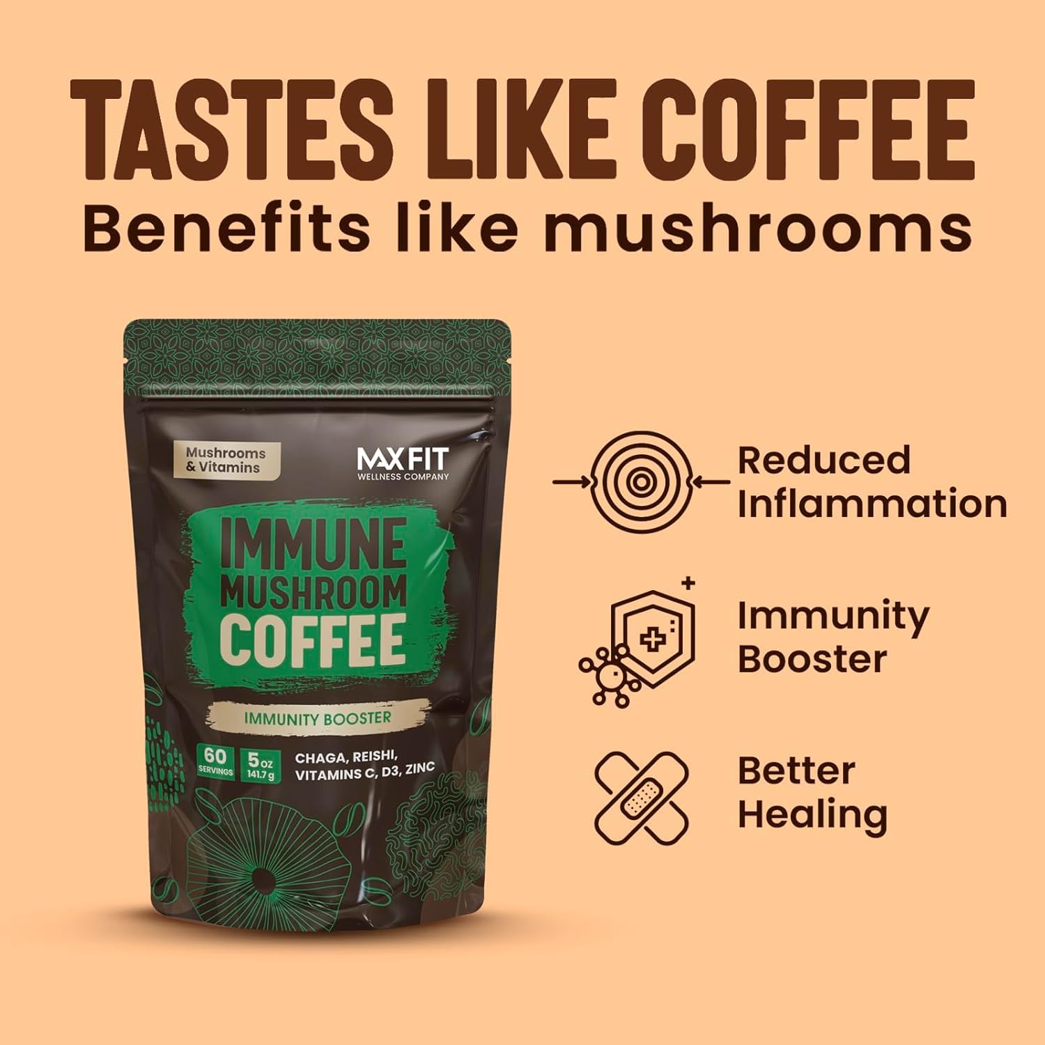 Mushroom Coffee (60 Servings) 10 Mushrooms (Lion’s Mane, Cordyceps, Turkey Tail & Other) Mixed With Gourmet Arabica Instant Immune Boosting Coffee for Focus & Gut Health Support