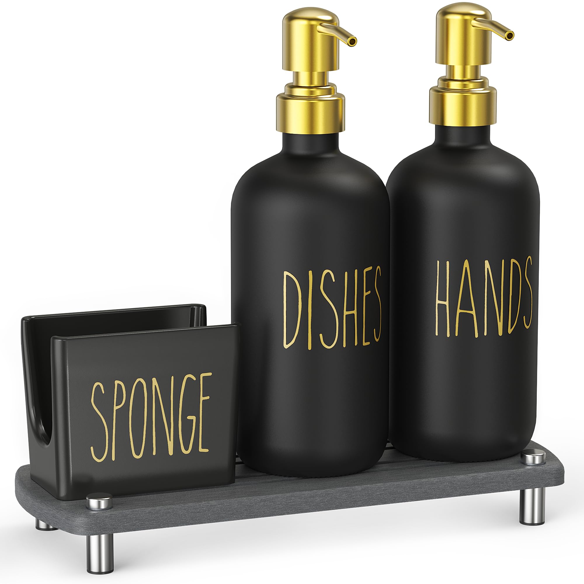 Cisily Kitchen Soap Dispenser Set Comes with Ceramics Sponge Holder, Gold Pumps, and Instant Dry Tray, Hand and Dish Soap Dispenser Set (4, Gold + White + Sponge Holder)