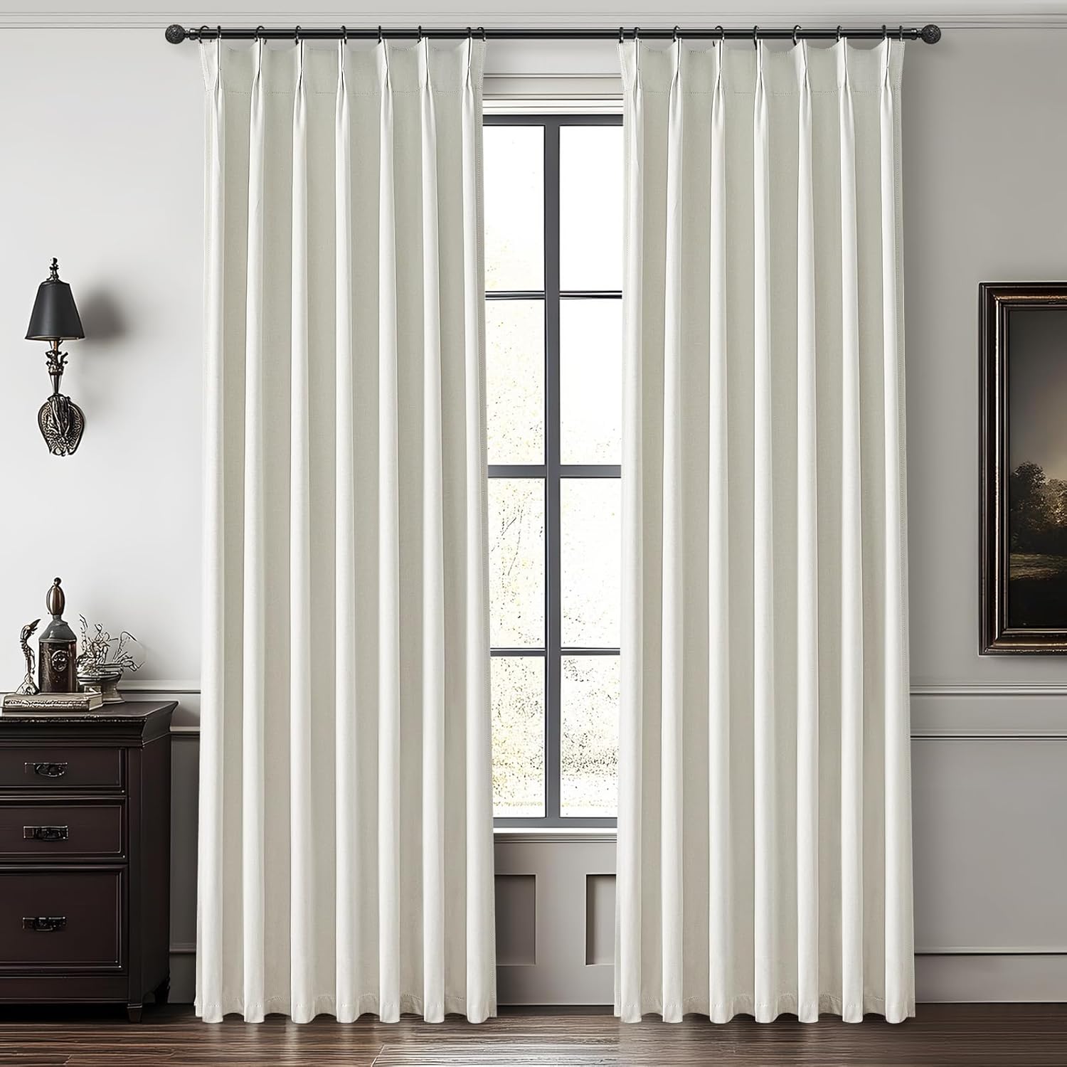 Natural Linen Pinch Pleated Blackout Curtains & Drapes 96 Inch Long Bedroom/Livingroom Farmhouse Curtains 2 Panel Sets, Neutral Track Room Darkening Thermal Insulated 8ft Back Tab Window Curtain