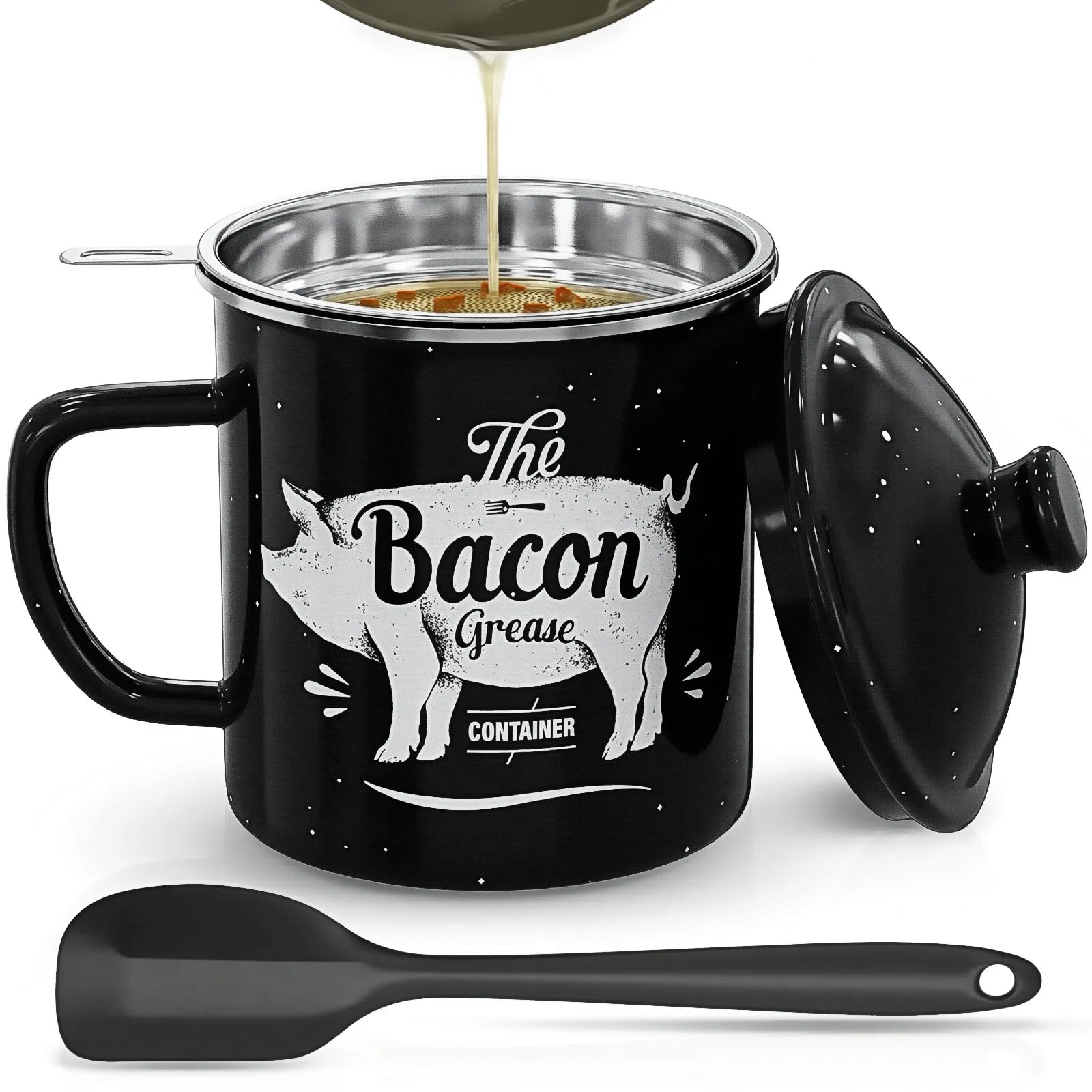 PGYARD Mini Bacon Grease Container With Strainer - 15OZ Enamel Grease Saver, Farmhouse Bacon Grease Keeper For Kitchen Fat Storage, Dishwasher Safe-Red