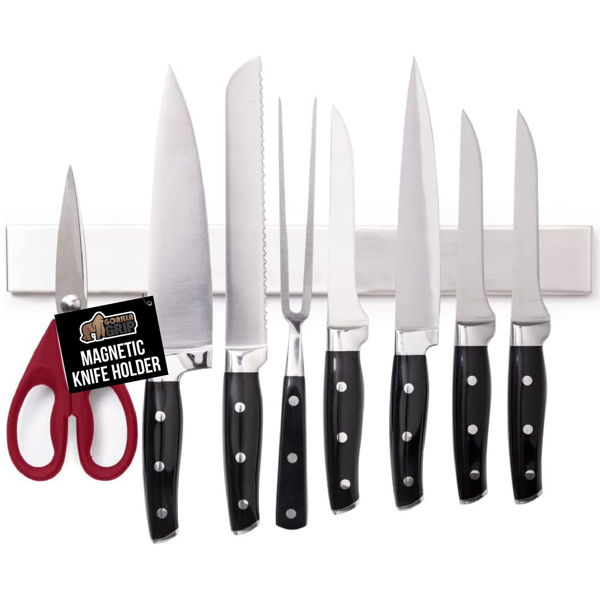 GORILLA GRIP 304 Stainless Steel Magnetic Knife Holder for Wall, Magnet Bar for Knives, Tools, Heavy Duty Metal Strip Holds Up to 6 lbs, Kitchen Home Organizer, 10 in, Non-Adhesive, Drilling Required