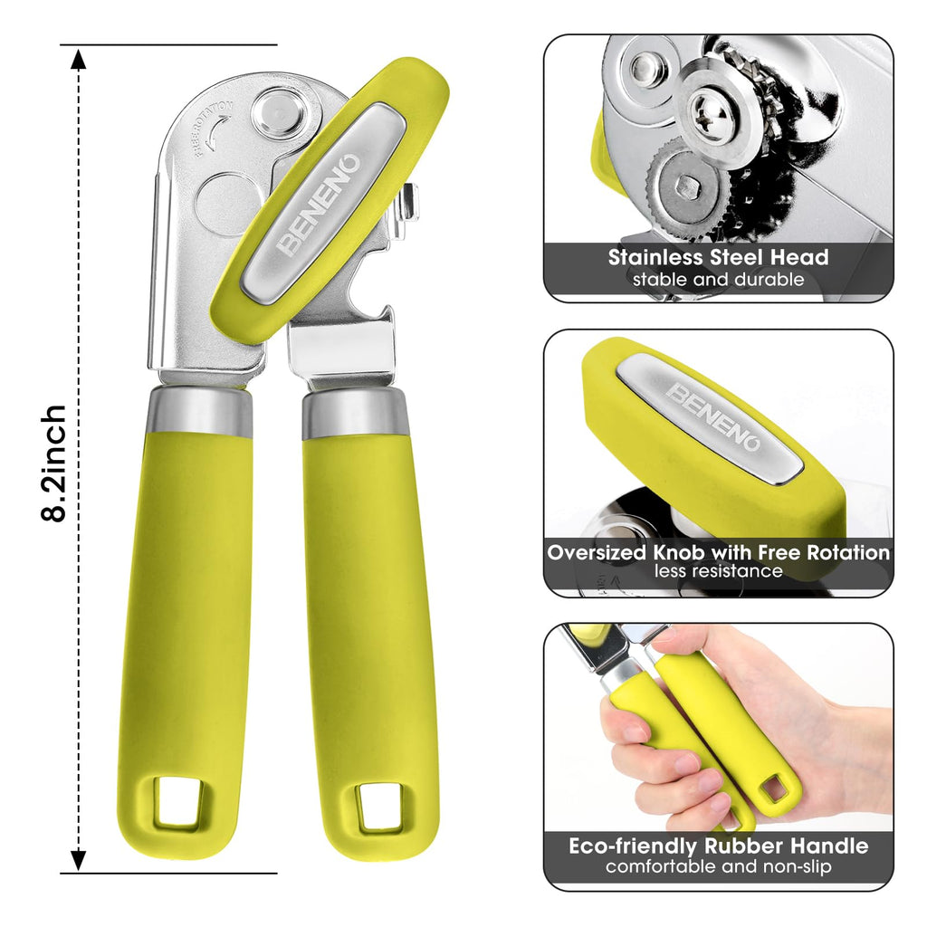 Beneno Heavy Duty Hand Can Opener Manual with Magnet, Durable Sharp Carbon Steel Blade Smooth Cutting, Big Effort-Saving Knob & Soft Grip Handle, Multifunctional Kitchen Tool with Bottle Opener, Green