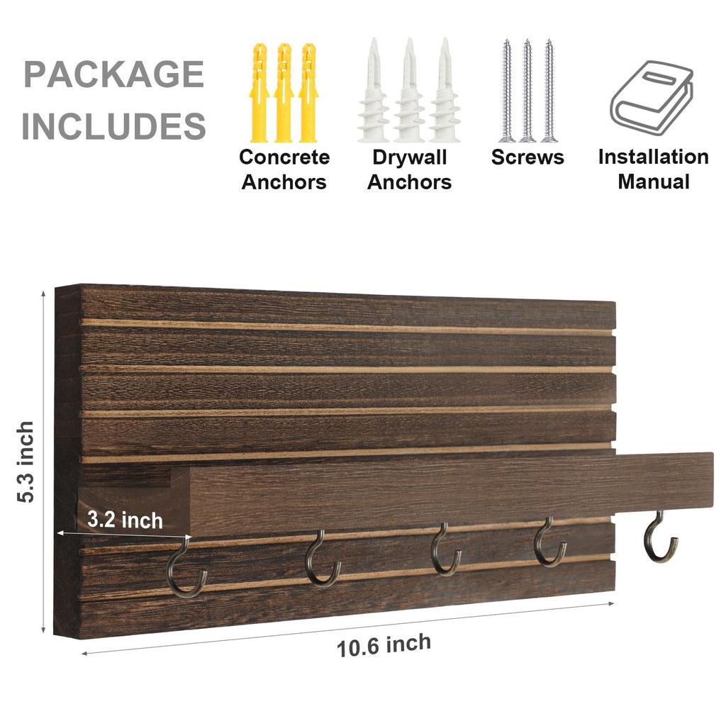 Decorative Key Holder for Wall with Shelf, Entryway Shelf with Hooks Holds Leashes, Jackets and Glasses – Sturdy Wood Keyholder Entrance Hanger with Mounting Hardware (Black, Medium)