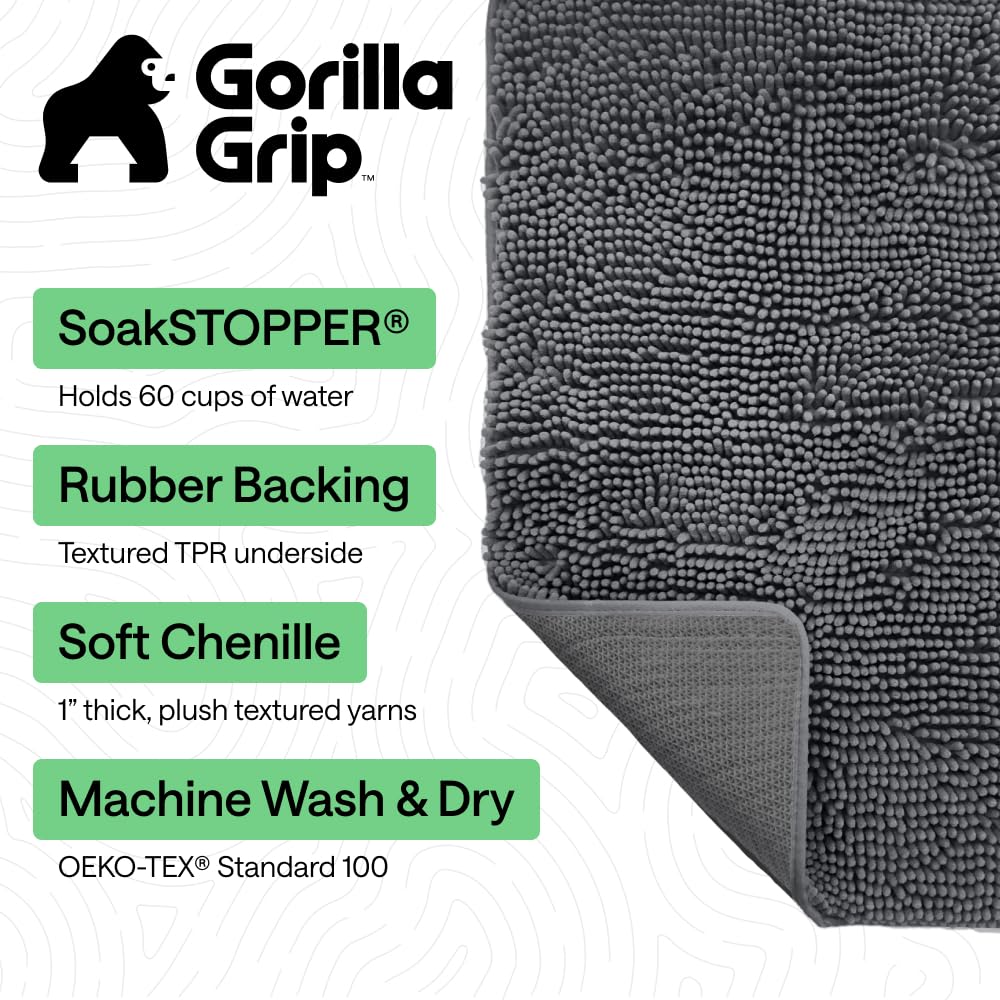GORILLA GRIP SoakSTOPPER Dog Door Mat, Machine Washable Rug Absorbent Doormat Captures Moisture Mud Dirt, Quick Dry Soft Chenille Entryway Rugs Indoor Entrance Mats for Dog Paws, 24x17 Grey