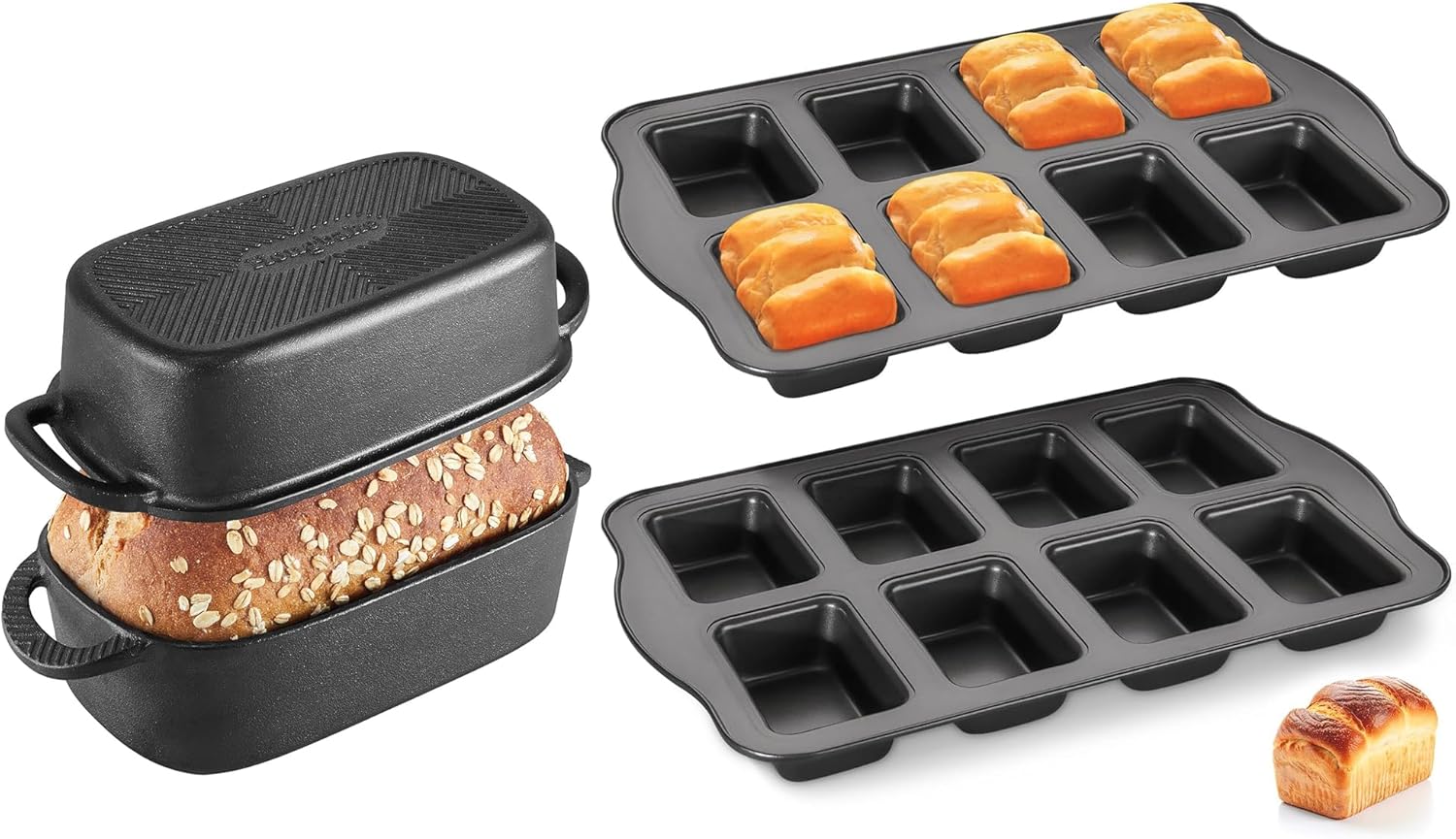 HONGBAKE 2 Pack Mini Loaf Baking Pans 8-Cavity & 2 Pack Cast Iron Loaf Pans