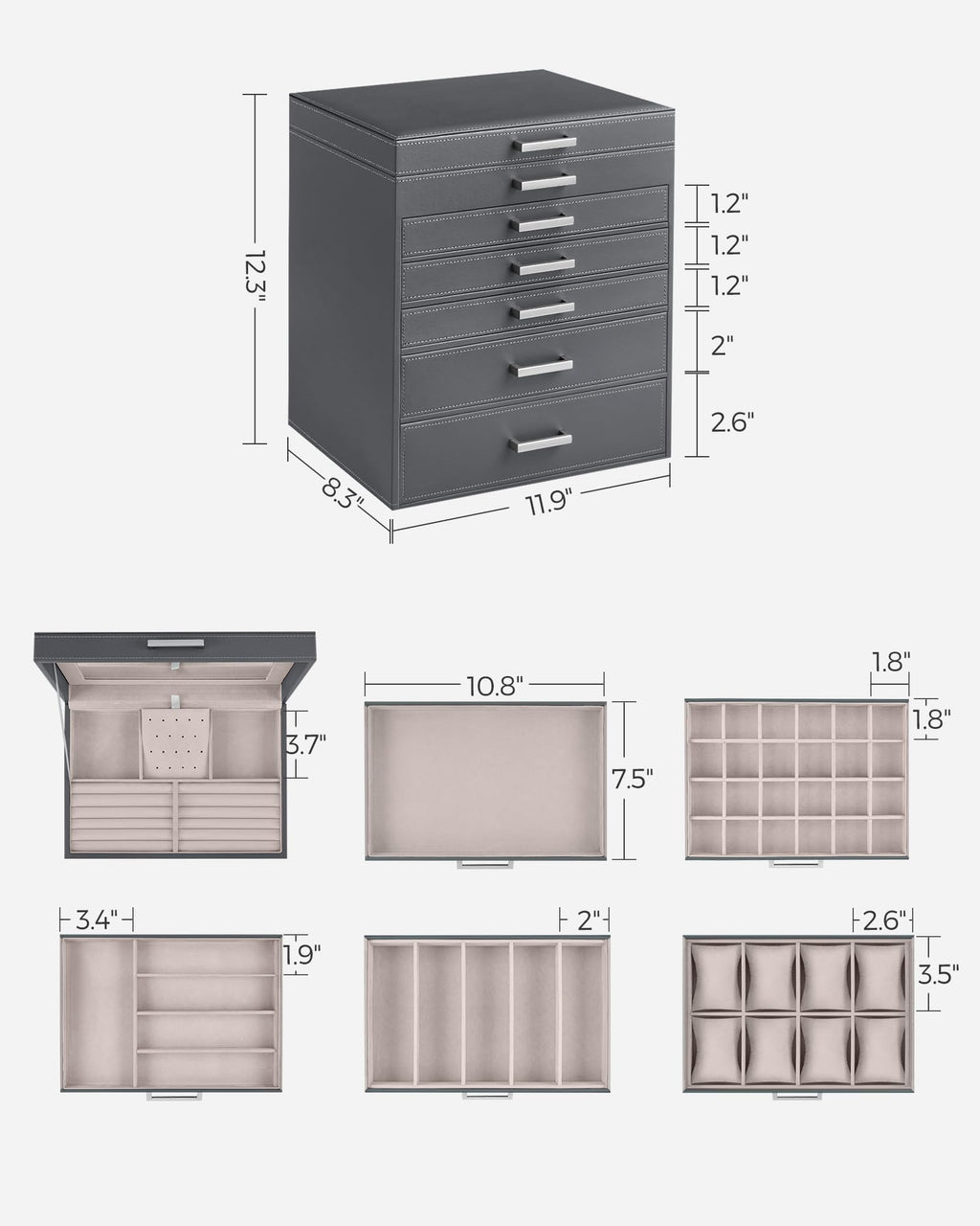 SONGMICS 3-Tier Jewelry Box, Travel Jewelry Case with Handle, 2 Drawers, Lockable Jewelry Organizer with Mirror, Jewelry Storage, Modern Style, Gift for Loved Ones, White UJBC154W01