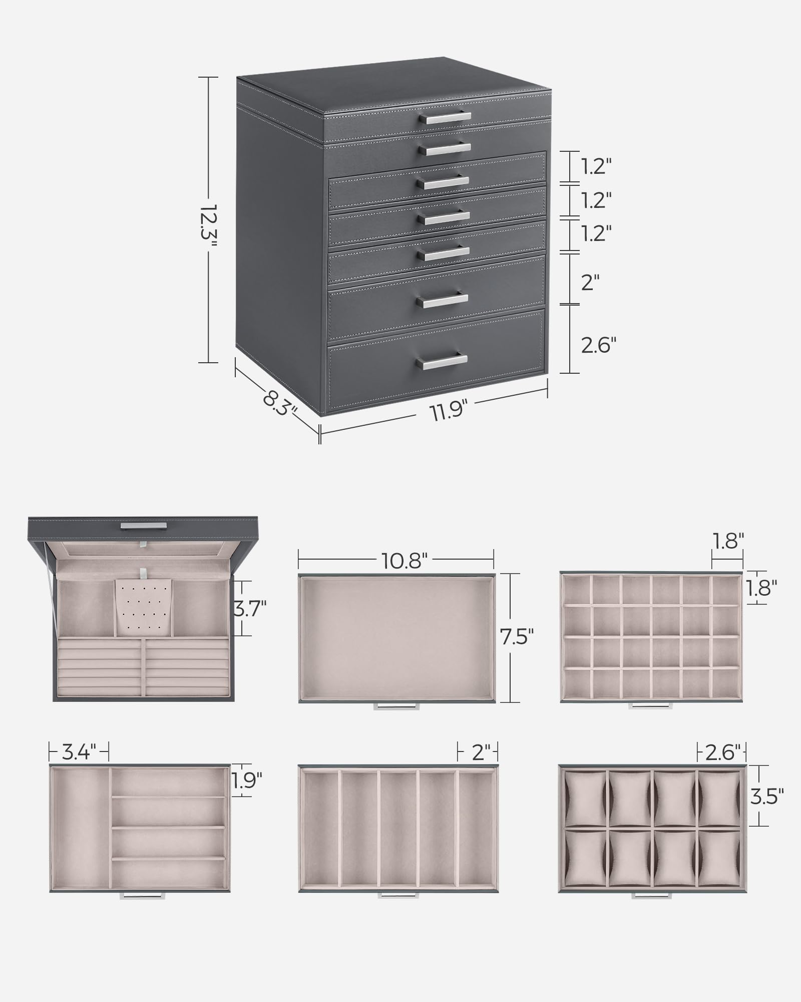 SONGMICS 3-Tier Jewelry Box, Travel Jewelry Case with Handle, 2 Drawers, Lockable Jewelry Organizer with Mirror, Jewelry Storage, Modern Style, Gift for Loved Ones, White UJBC154W01