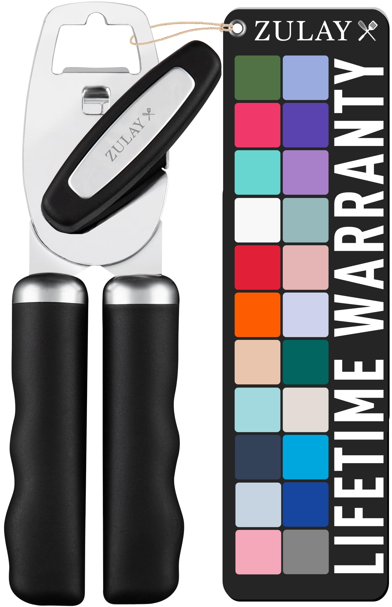 Zulay Kitchen COMFY™ Can Opener Manual with Bottle Opener - Rust Proof Stainless Steel Manual Can Opener With Turn Knob & Comfy Soft Grip Handles - Black