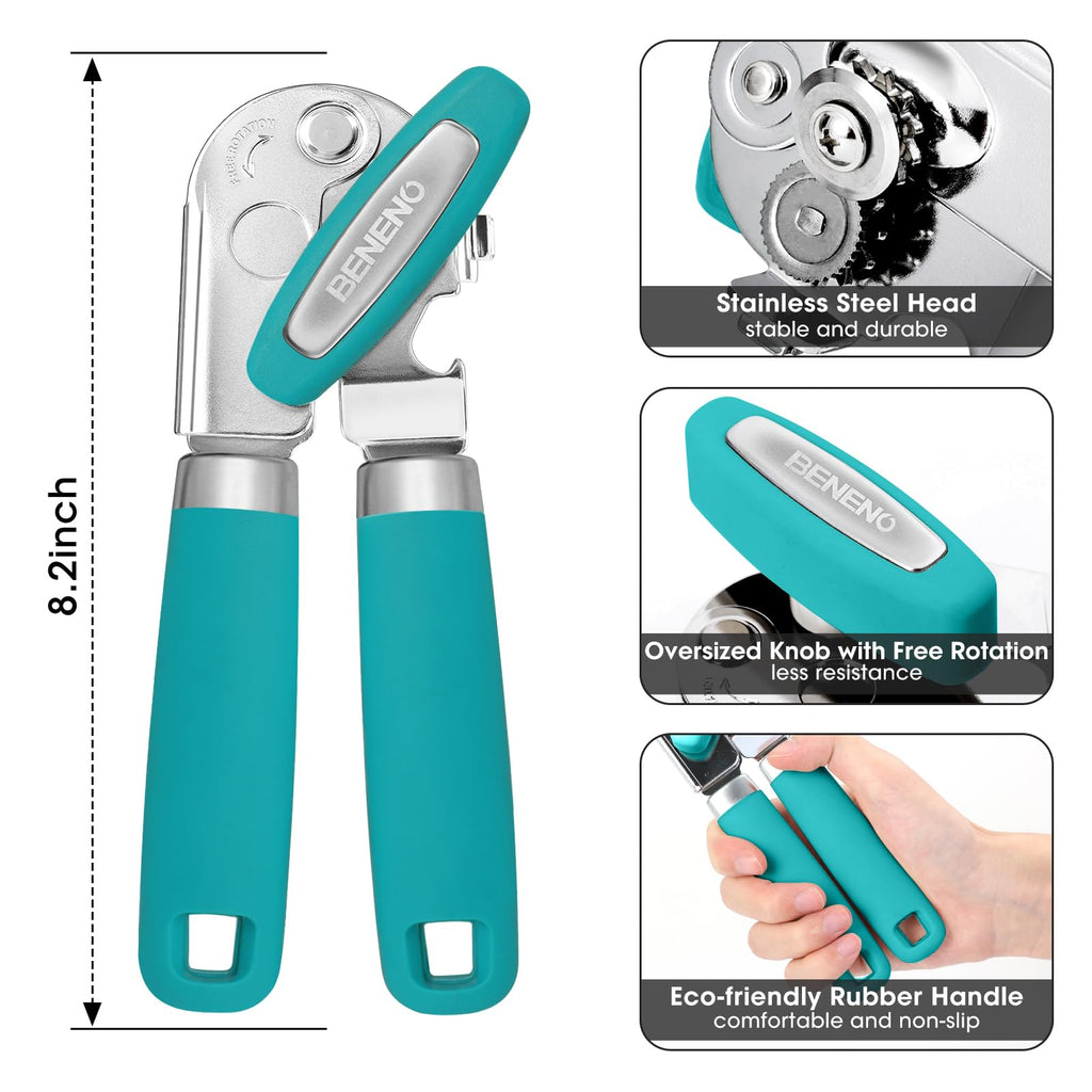 Beneno Heavy Duty Hand Can Opener Manual with Magnet, Durable Sharp Carbon Steel Blade Smooth Cutting, Big Effort-Saving Knob & Soft Grip Handle, Multifunctional Kitchen Tool with Bottle Opener, Green
