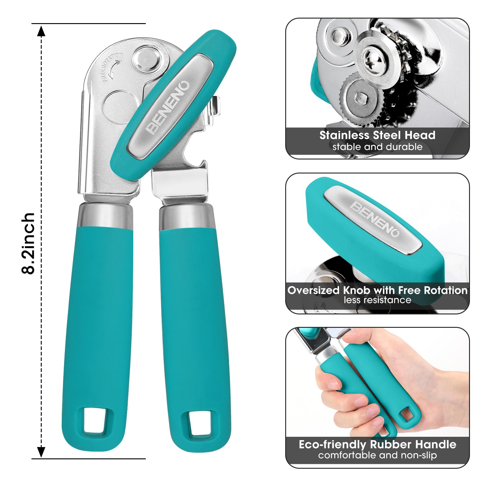 Beneno Heavy Duty Hand Can Opener Manual with Magnet, Durable Sharp Carbon Steel Blade Smooth Cutting, Big Effort-Saving Knob & Soft Grip Handle, Multifunctional Kitchen Tool with Bottle Opener, Green