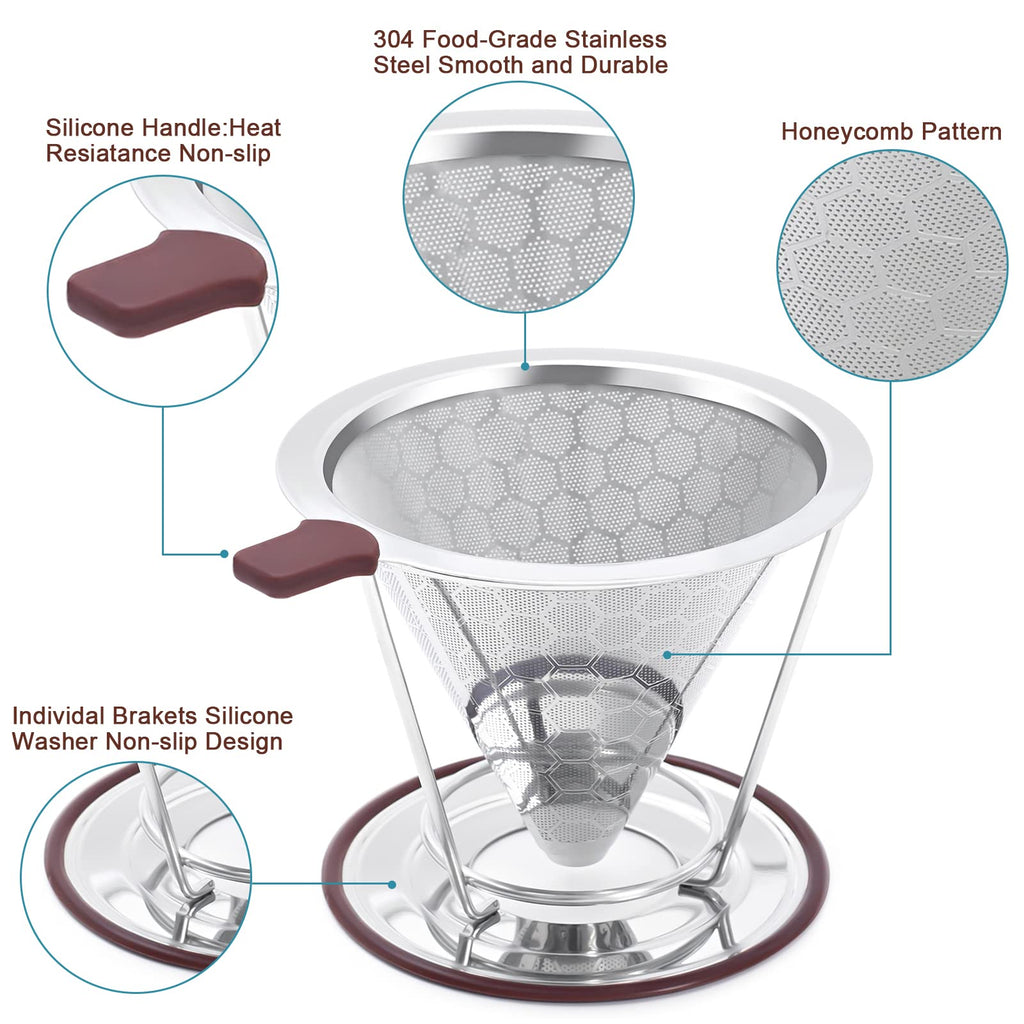 Pour Over Coffee Dripper, MISETTO Stainless Steel Filter,Easy to Clean Paperless pour over coffee maker,Reusable Filter,Cone Dripper with Removable Cup