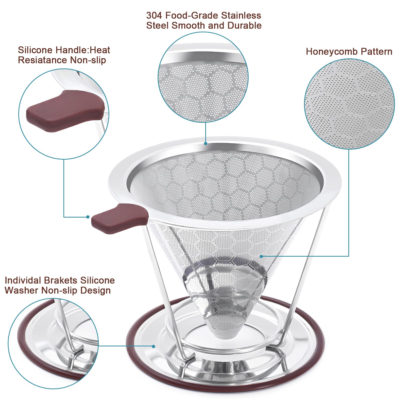 Pour Over Coffee Dripper, MISETTO Stainless Steel Filter,Easy to Clean Paperless pour over coffee maker,Reusable Filter,Cone Dripper with Removable Cup