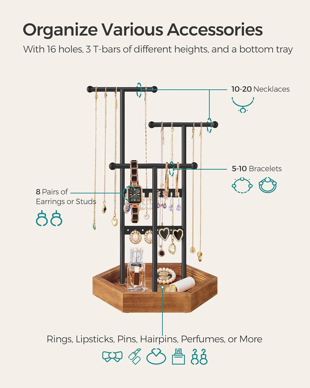 SONGMICS Jewelry Holder, Jewelry Organizer, 3 Tiers and 1 Tray, Jewelry Display Stand with Metal Frame, Necklace Earring Bracelet Holder, for Rings, Ink Black and Caramel Brown UJJS03CB
