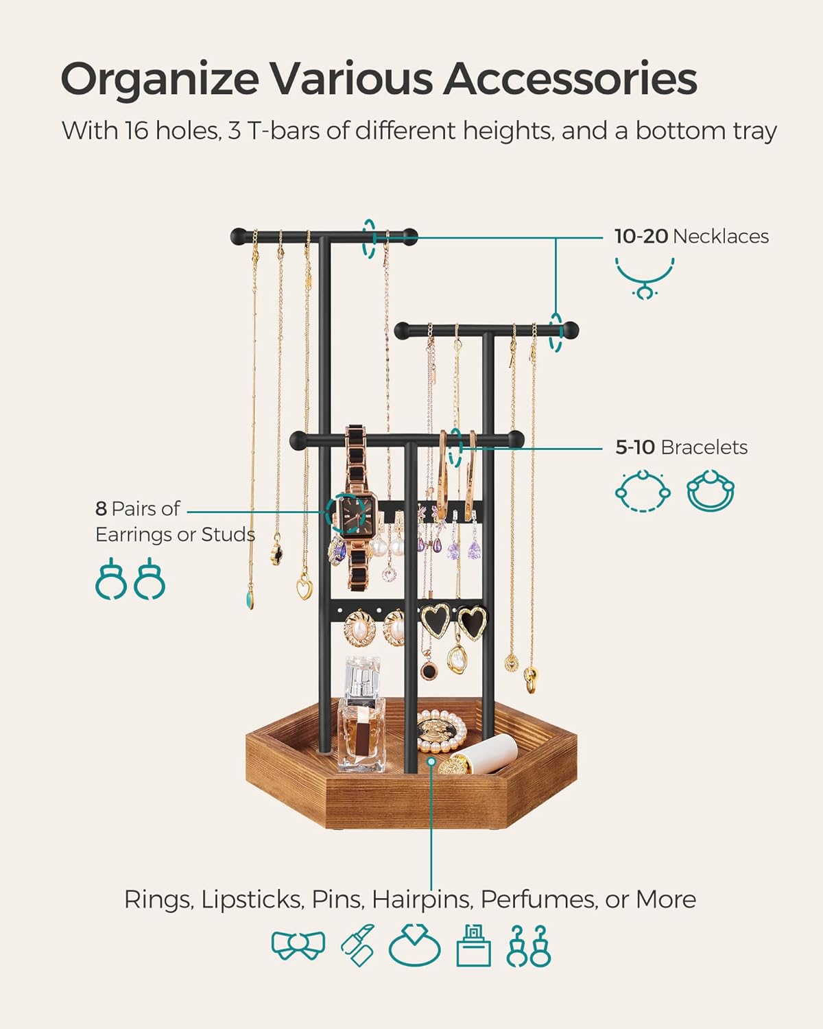 SONGMICS Jewelry Holder, Jewelry Organizer, 3 Tiers and 1 Tray, Jewelry Display Stand with Metal Frame, Necklace Earring Bracelet Holder, for Rings, Ink Black and Caramel Brown UJJS03CB