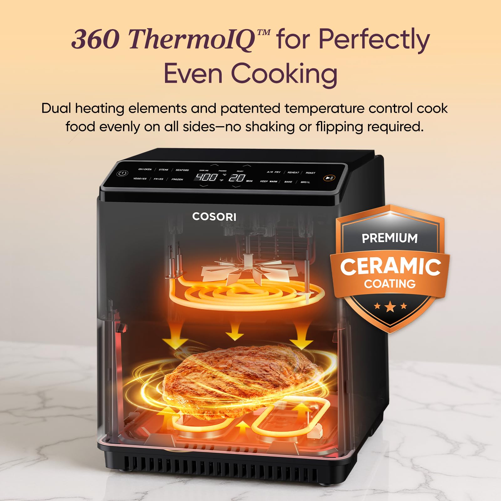 Cosori 9-in-1 TurboBlaze Air Fryer 6 Qt, PFAS-Free Ceramic Coating, 90°–450°F, Precise Heating for Even Results, Air Fry, Roast, Bake, Broil, Dry, Frozen, Proof, Reheat, Keep Warm, 120V, Dark Gray
