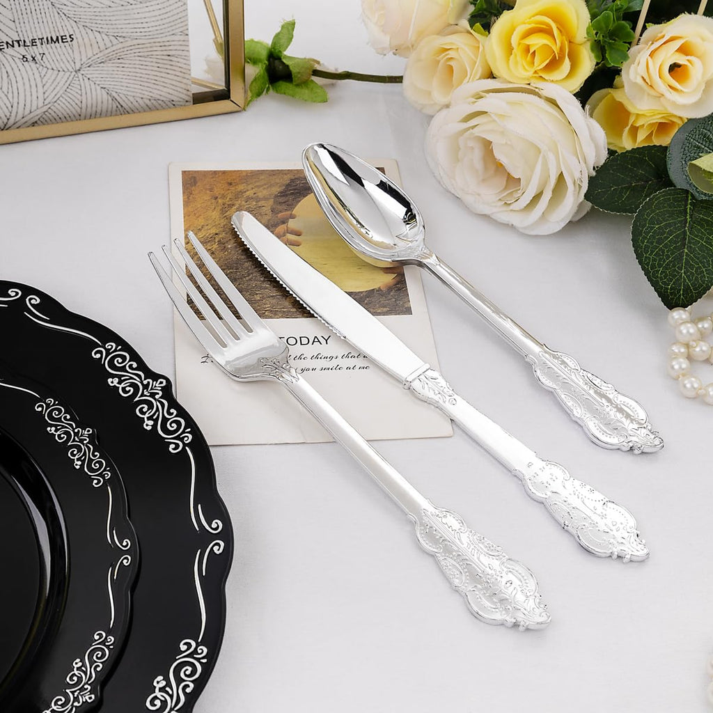 DaYammi 150Pcs Ivory Plastic Plates with Gold Rim,Disposable Plastic Plates Include 30 Dinner Plate,30 Salad Plate,30 Forks,30 Spoons,30 Knives,Ivory and Gold Plates for Party,Wedding,Mother's Day