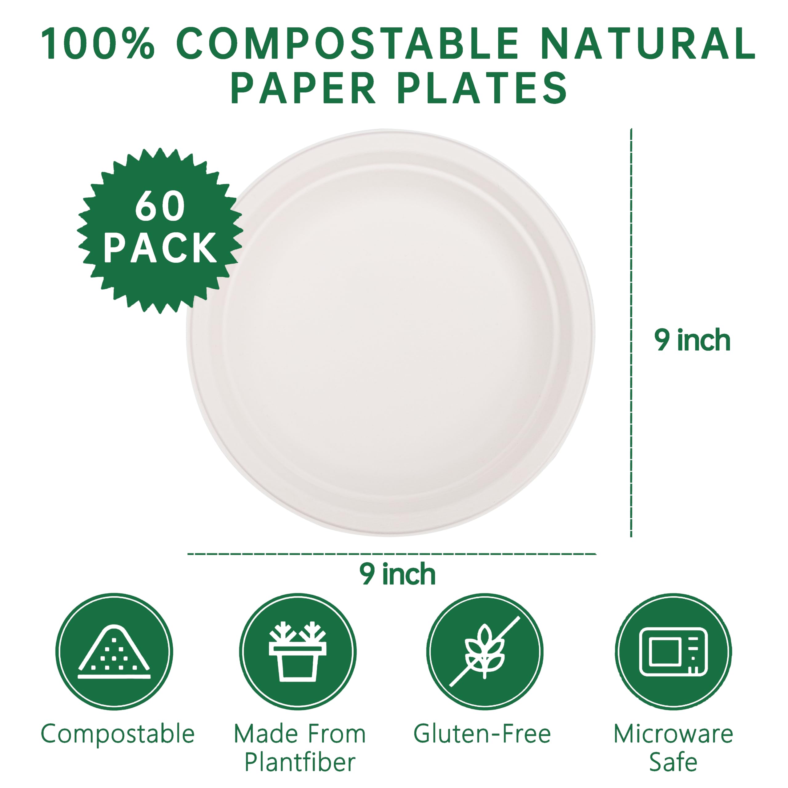 DaYammi 100% Compostable Oval Paper Plates 12 Inch, 60-Pack Heavy Duty Paper Plates Bulk,Biodegradable Bagasse,Eco-Friendly Disposable Dinner Plate for BBQ,Picnic,Party (BPI Certified,Microwaveable)