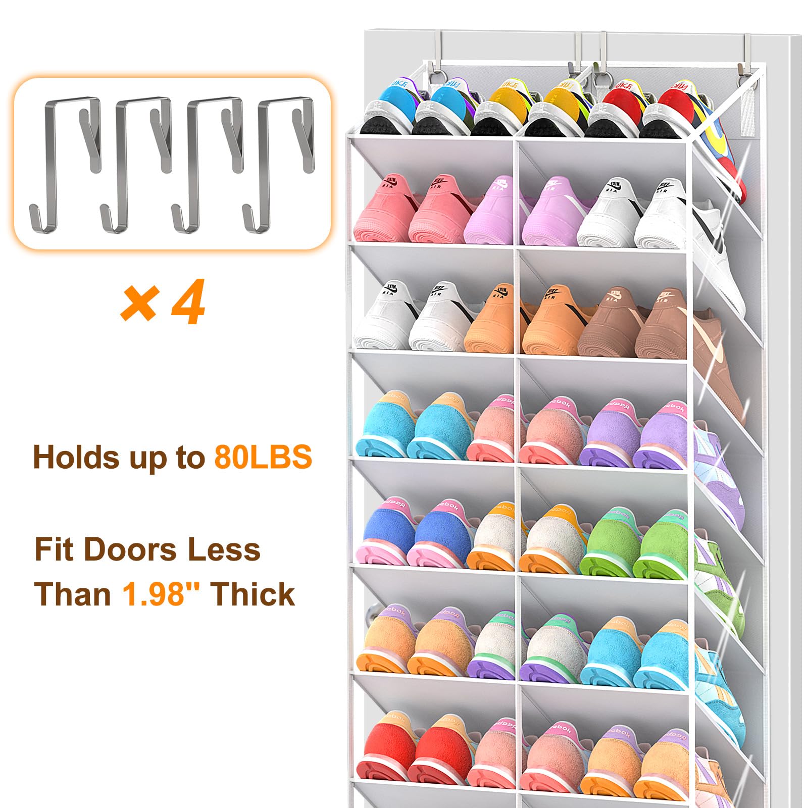 UVIAHOMI 20-30 Pairs Over the Door Shoe Organizer, Clear Pockets Hanging Shoe Storage for Closet, 10-Tier Door Shoes Rack, Handing Shoes Holder Fit All the Family's Sneakers, Boots, Heels, Black