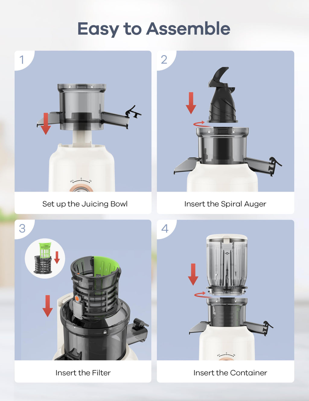 Ganiza Juicer Machines, Slow Masticating Juicers with Large Feed Chute for Whole Fruits & Vegetables, Cold Press Juicer with 3 Replace Filters for Batch Juicing, Easy to Clean, BPA Free(Silver)