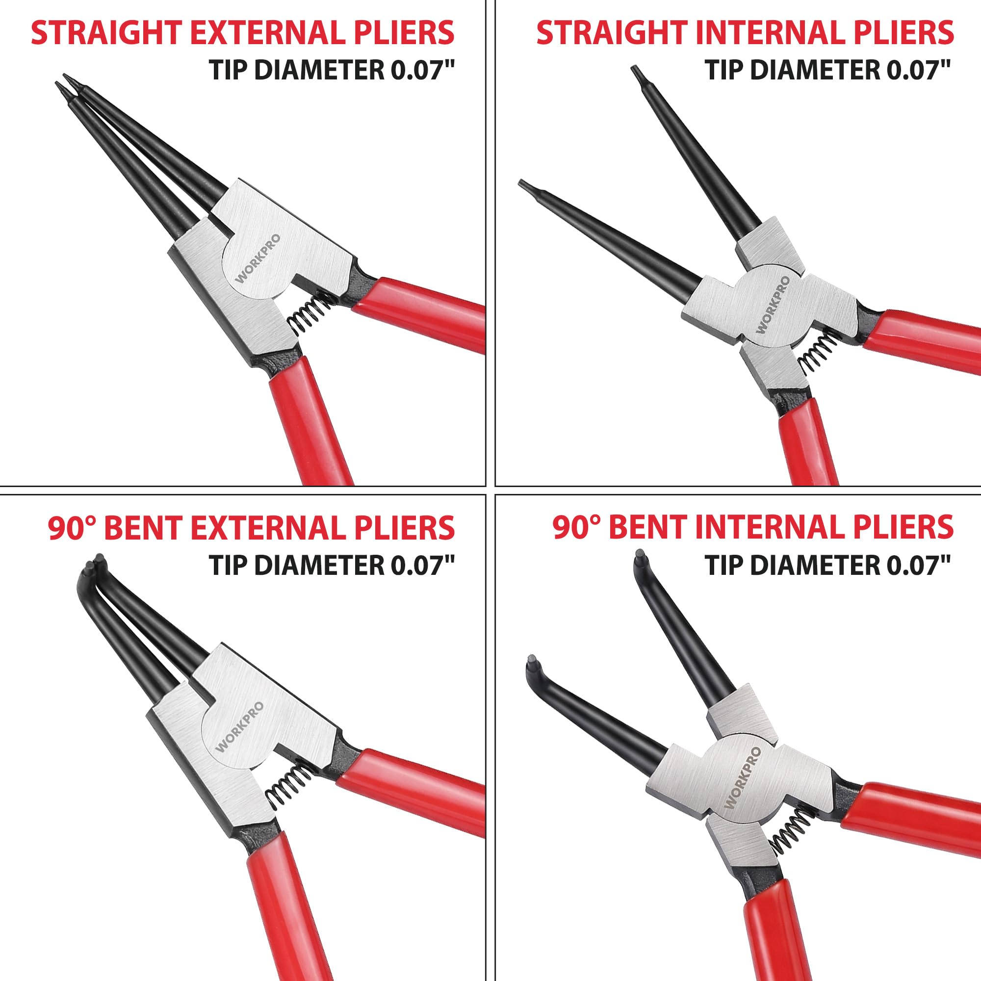 WORKPRO 4-Piece Snap Ring Pliers Set - Heavy Duty 7-inch Internal/External Circlip Pliers Kit (Tip Diameter 5/64'')-Straight/Bent Jaw - Cr-V Steel - For Ring Remover Retaining- Storage Pouch Included