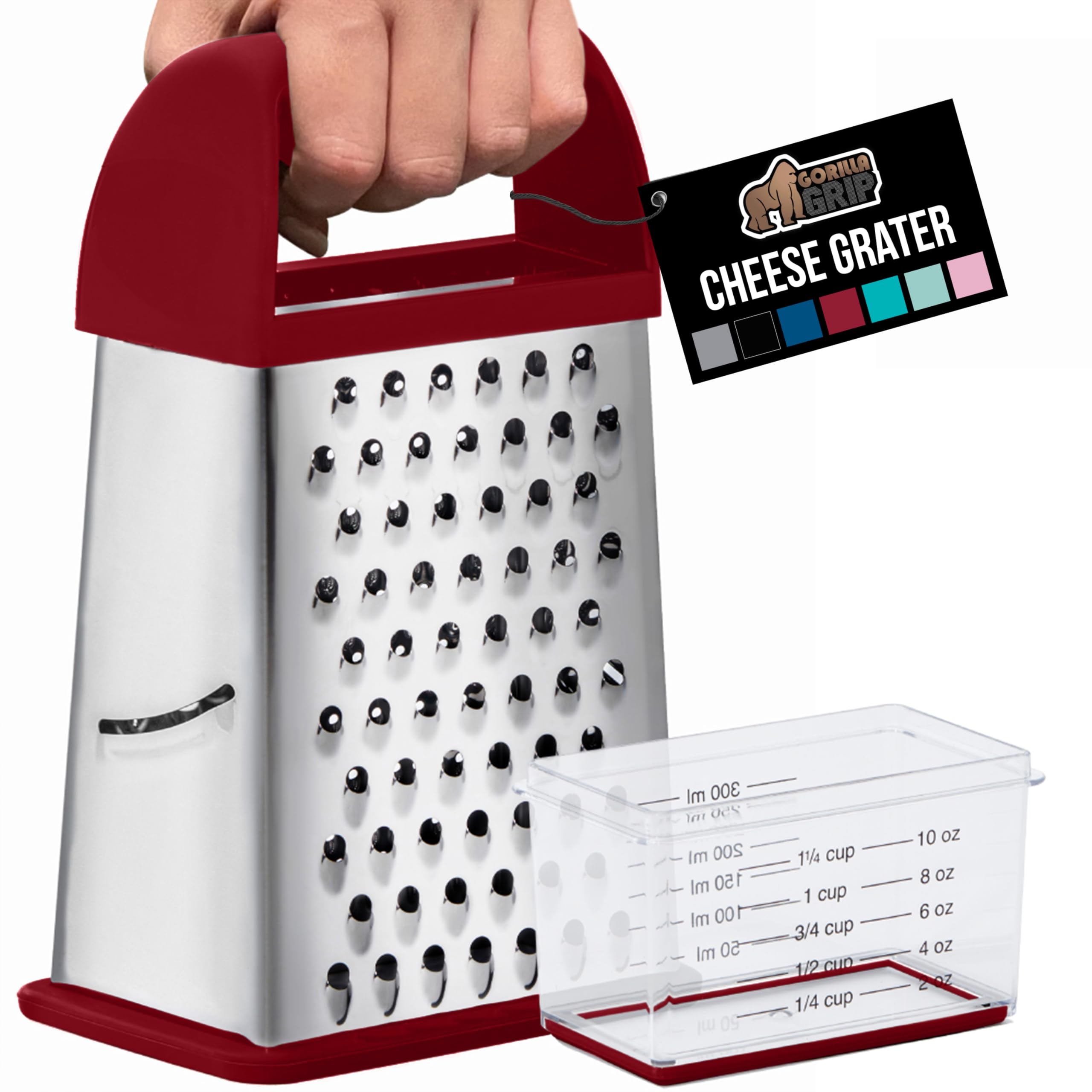 GORILLA GRIP 4-Sided Stainless Steel Cheese Grater With Container, 100% BPA-Free Box Grater, Slip Resistant Base and Handle, Grate Parmesan, Hard Cheeses, Shred Vegetables, Dishwasher Safe, Black