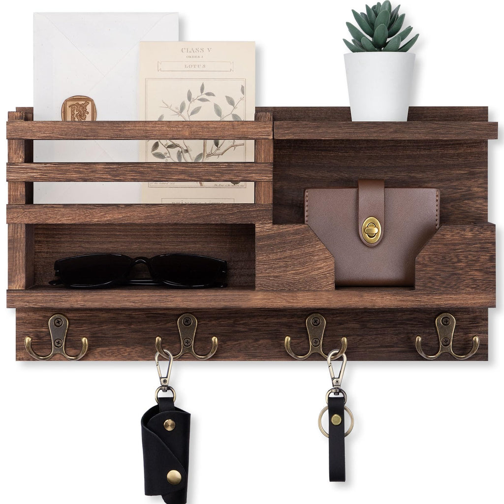 Mail and Key Holder for Wall – Decorative 15.9” x 8.7” x 3.2” Entryway Organizer with Shelf – Paulownia Wood with 4 Dual Hooks Includes Mounting Hardware and Installation Guide