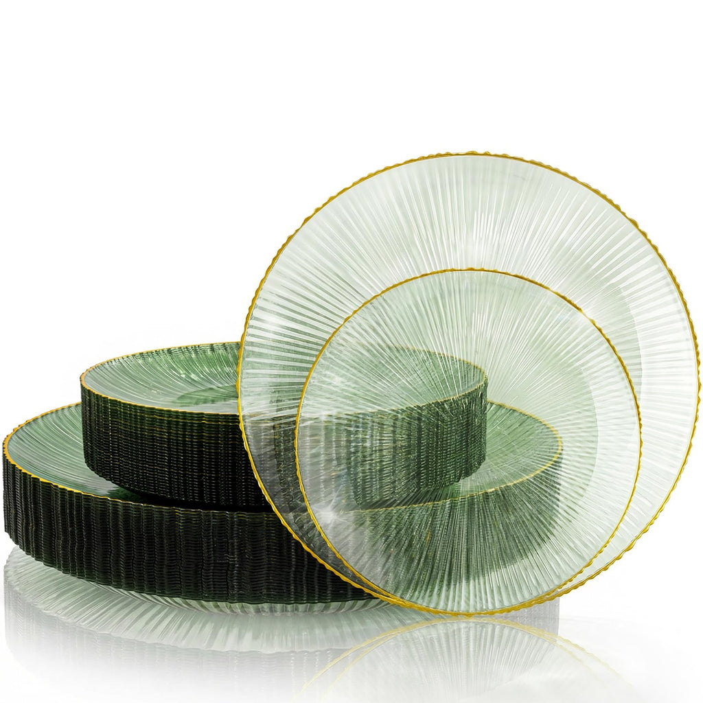 DaYammi 60Pcs Sage Green Plastic Plates with Gold Rim,Disposable Plates Set Includes 30 Dinner Plate & 30 Salad Plate,Fancy Green Party Plates with Radial Texture for Party Wedding Dinner