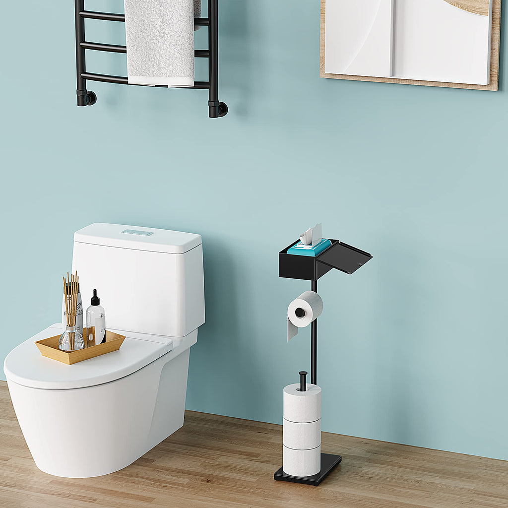 CISILY Black Toilet Paper Holder Stand with Phone Shelf, Bathroom Toliet Decor Decoration. Tissue Roll Free Standing Storage, Rv Accessories, Apartment Restroom Household Home Essentials