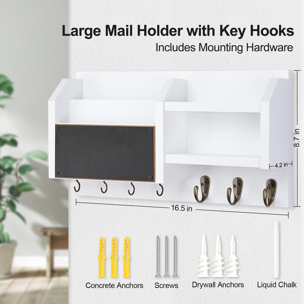 Mail and Key Holder – Wall Mount Key Hanger with Shelf and 7 Metal Hooks – Decorative Natural Paulownia Wood Entryway Organizer with Mounting Hardware (16.5”W x 8.7”H x 3.5”D) (Brown)