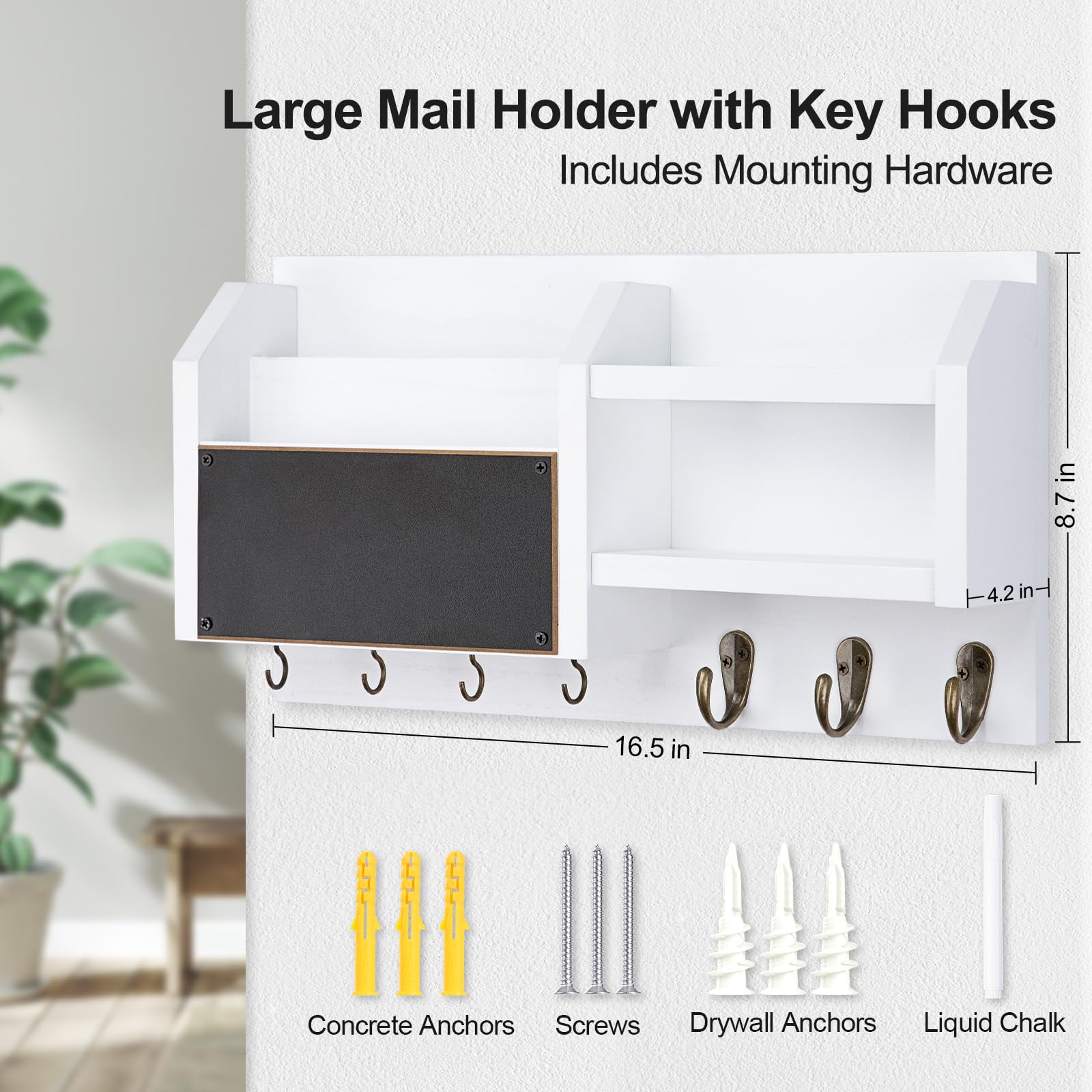 Mail and Key Holder – Wall Mount Key Hanger with Shelf and 7 Metal Hooks – Decorative Natural Paulownia Wood Entryway Organizer with Mounting Hardware (16.5”W x 8.7”H x 3.5”D) (Brown)
