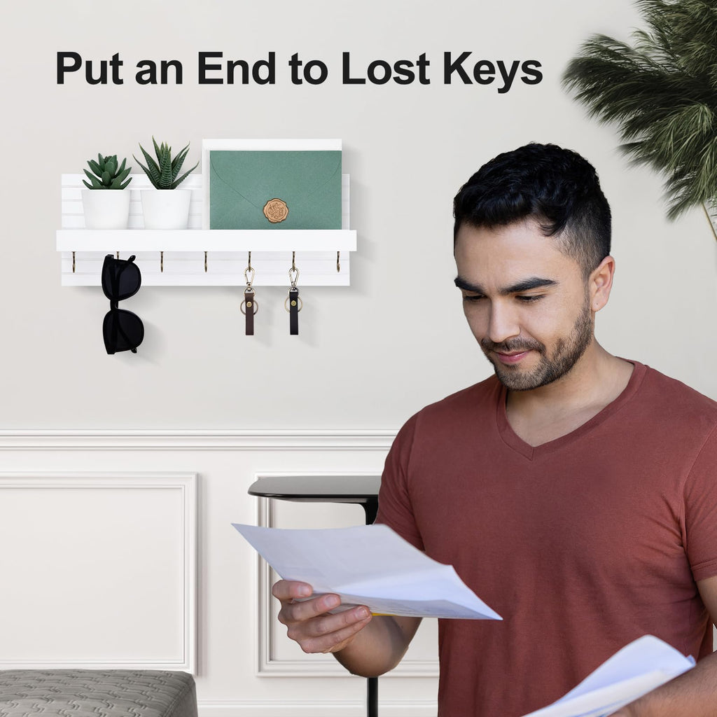 Decorative Key Holder for Wall with Shelf, Entryway Shelf with Hooks Holds Leashes, Jackets and Glasses – Sturdy Wood Keyholder Entrance Hanger with Mounting Hardware (Black, Medium)