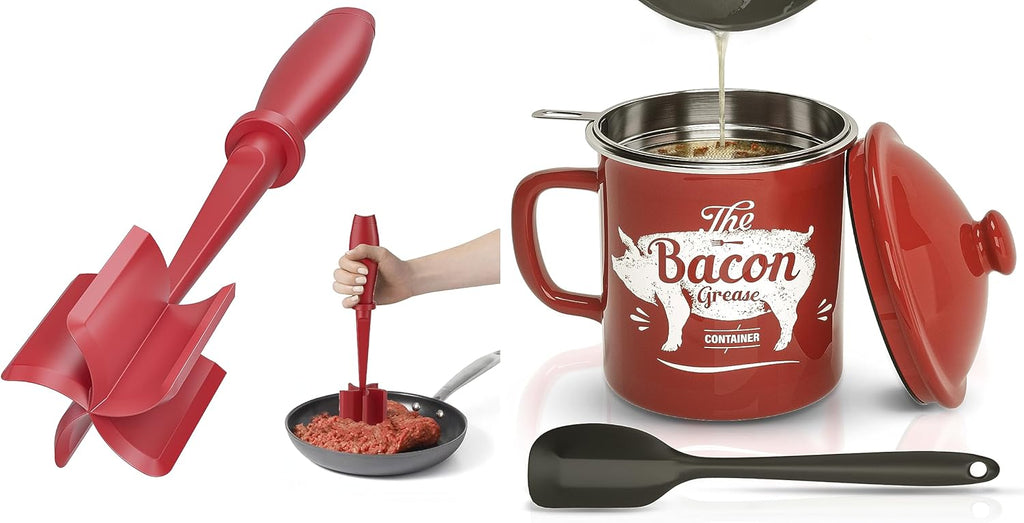 Red Meat Chopper and Red Bacon Grease Container